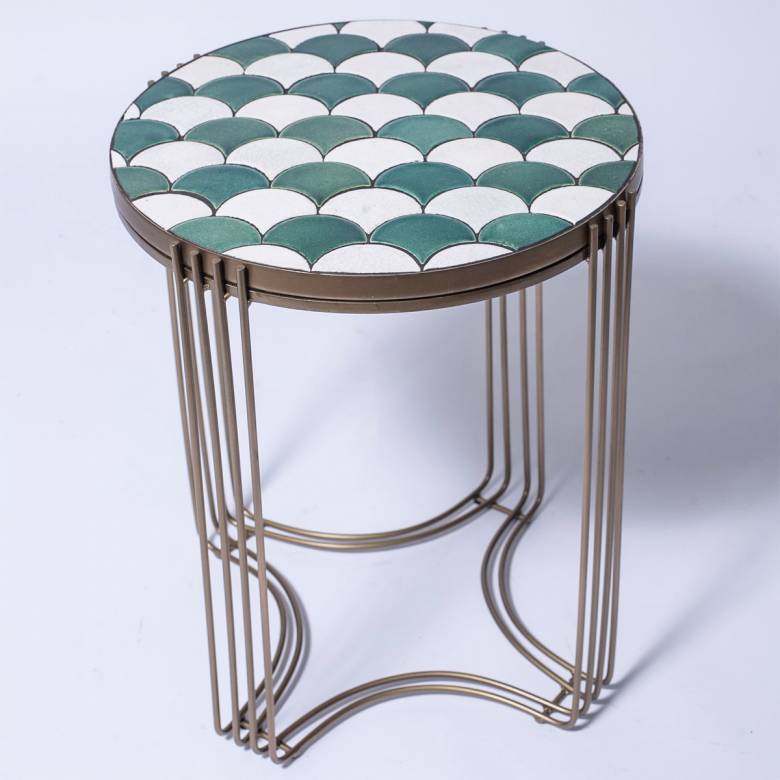 Side Table With Fish Scale Tiles & Brass Frame H:50cm
