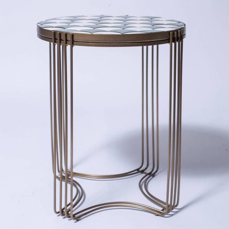 Side Table With Fish Scale Tiles & Brass Frame H:50cm