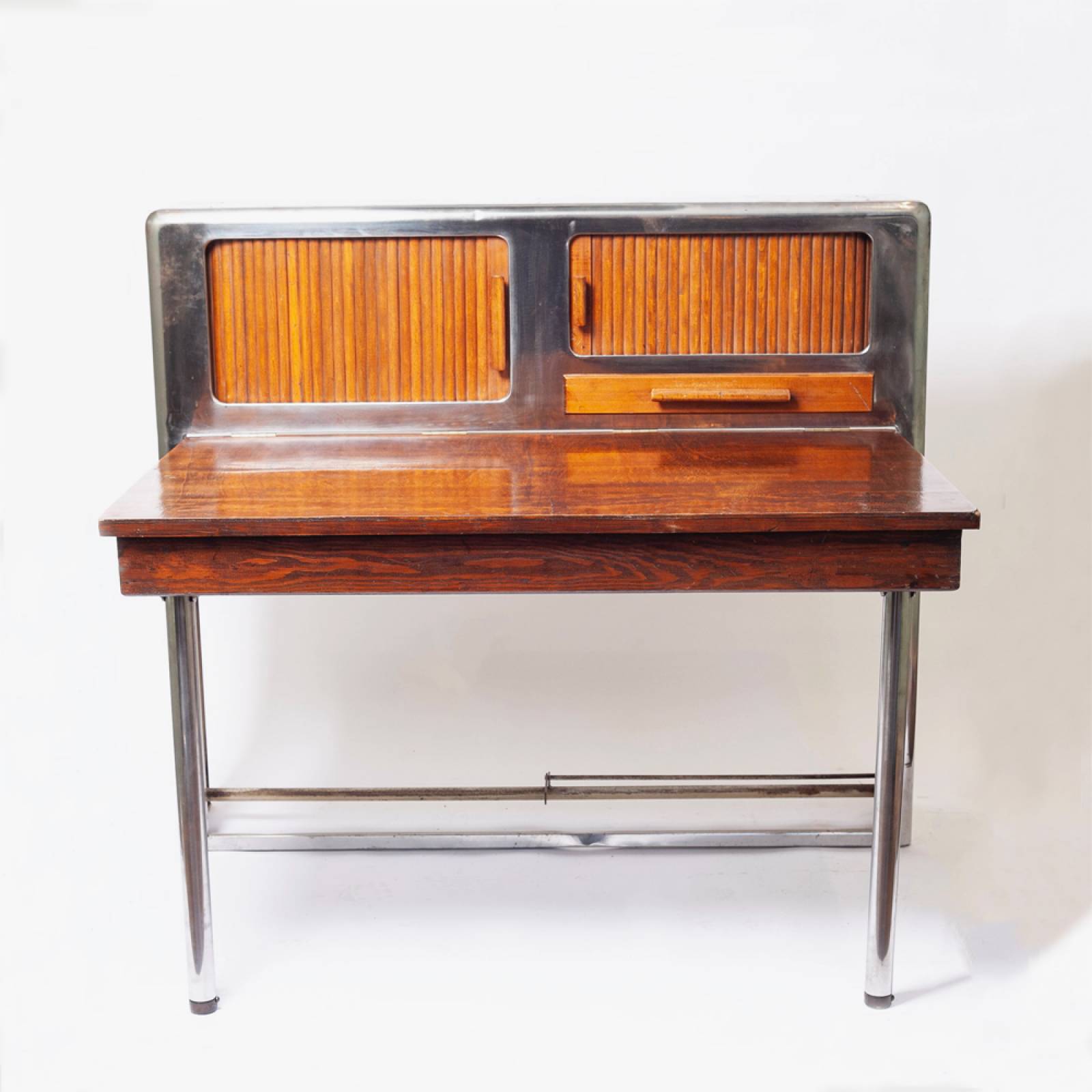 1940s Polished Steel Slim Cabinet With Fold Out Wooden Table thumbnails