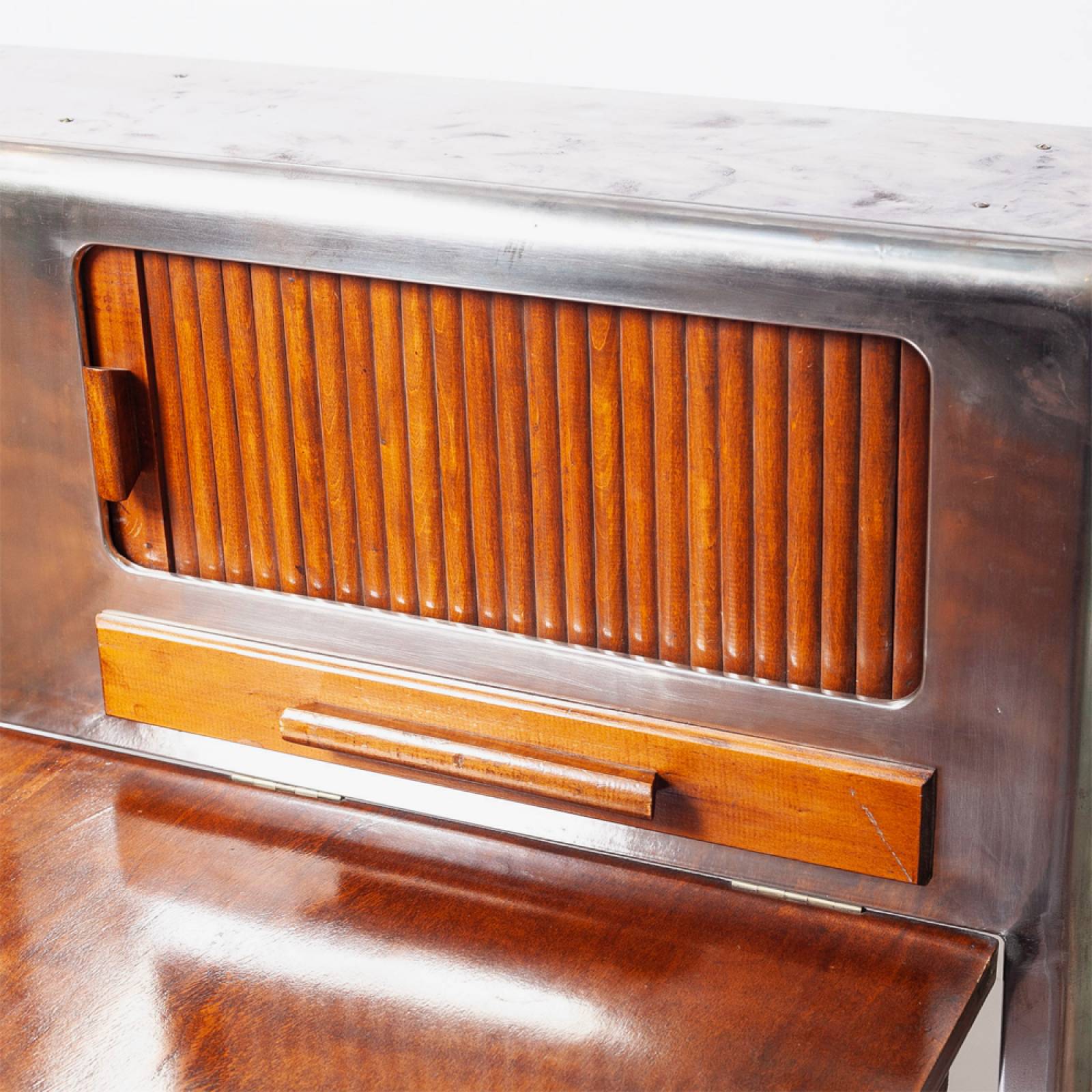 1940s Polished Steel Slim Cabinet With Fold Out Wooden Table thumbnails