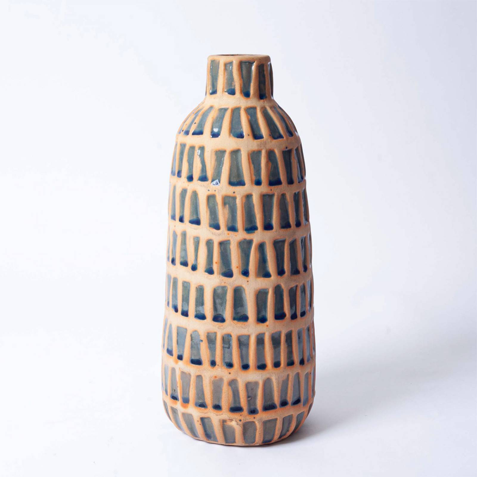 Blue & Orange Terracotta Checked Vase H:35cm