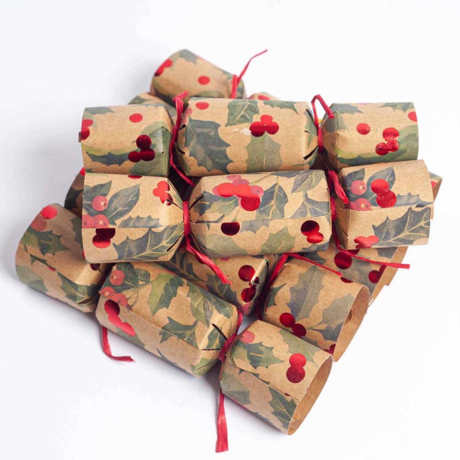 Box Of 6 Petite Christmas Crackers - Kraft Holly thumbnails