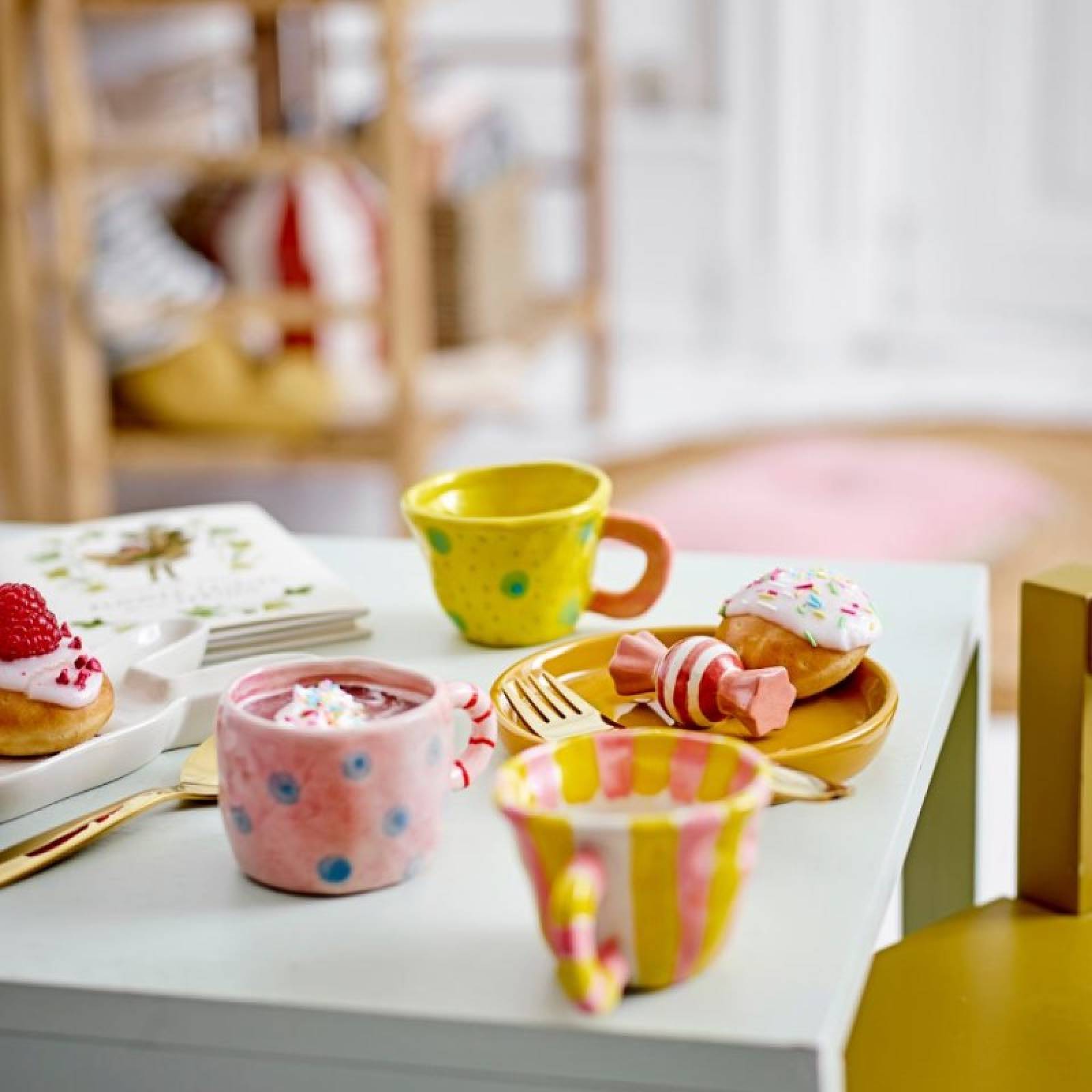 Children's Hand-painted Stoneware Cup In Yellow & Green Spots thumbnails