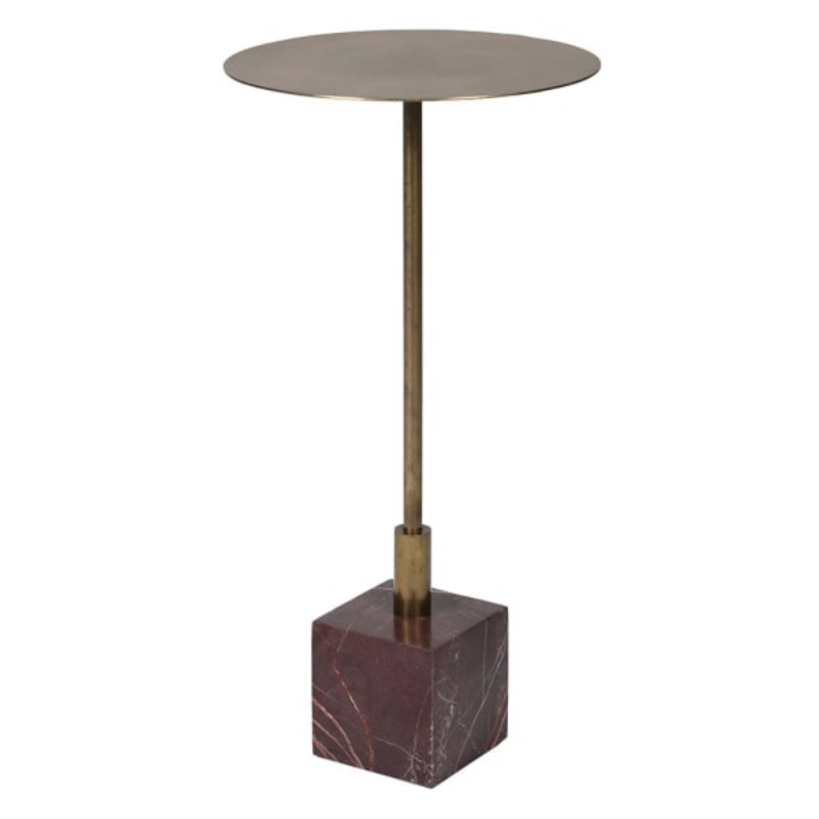 Circular Gold Side Table With Burgundy Marble Cube Base