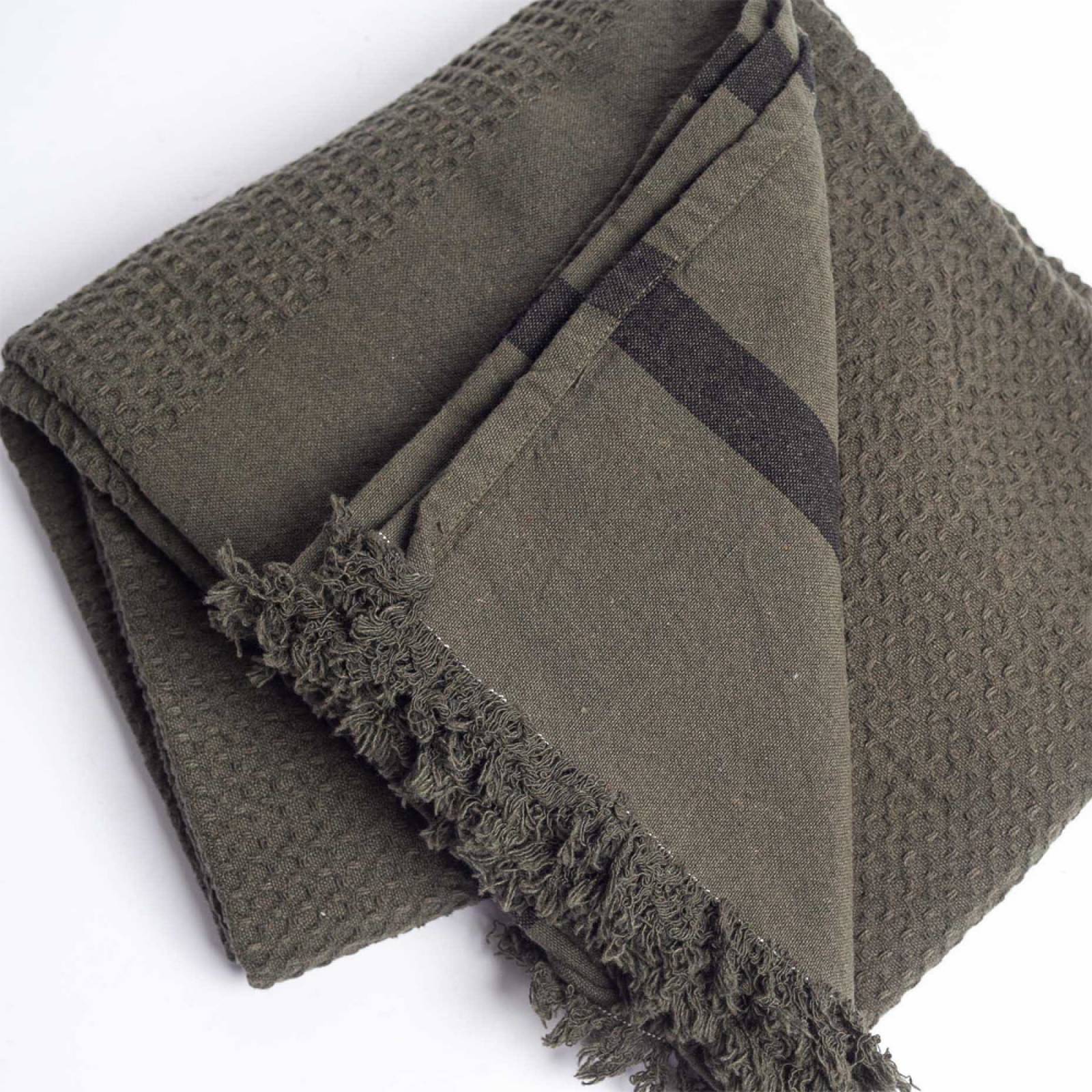 Cotton Waffle Towel With Stripes In Khaki thumbnails