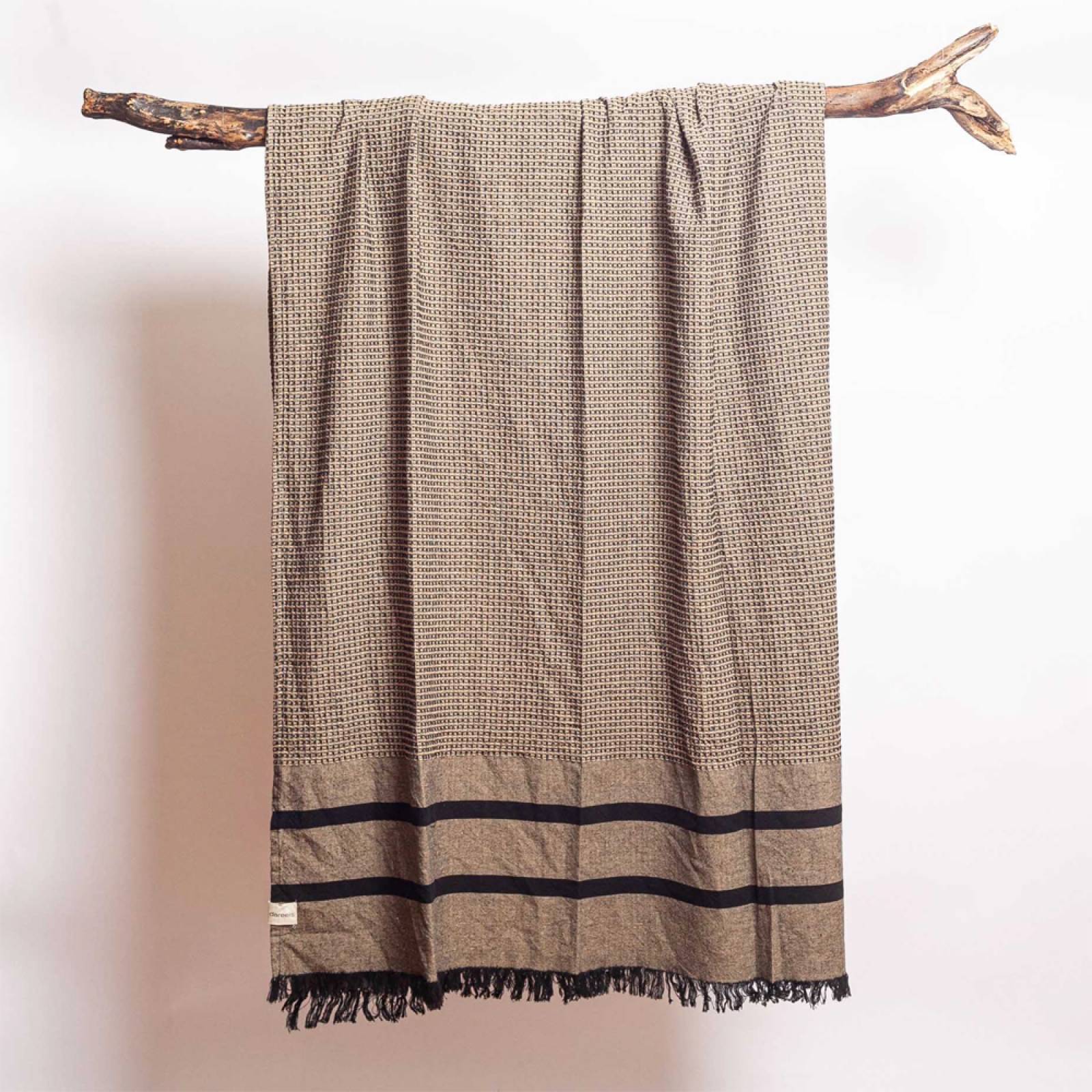 Cotton Waffle Towel With Stripes In Stone