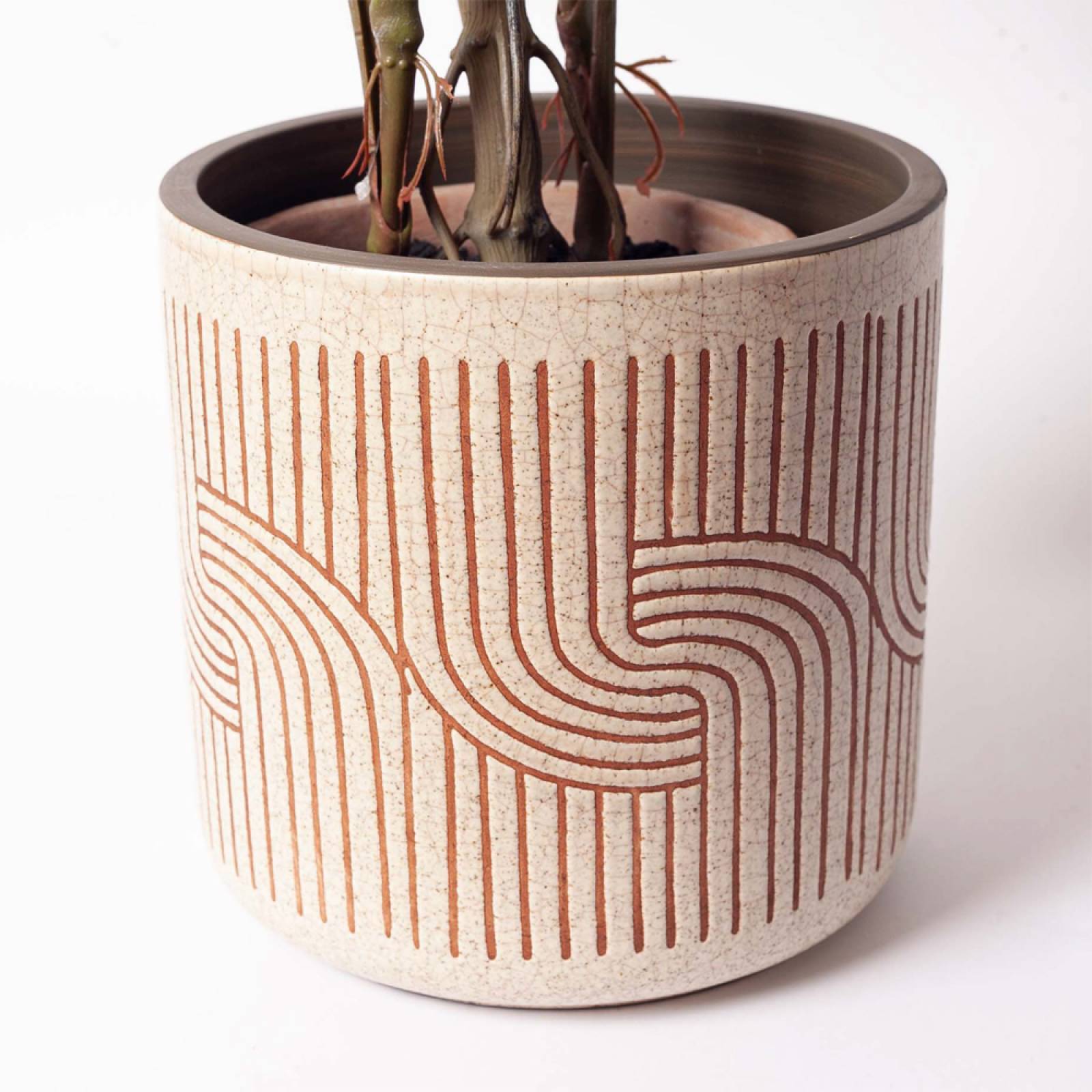 Graphic Flowerpot In Terracotta & White H:20.5cm