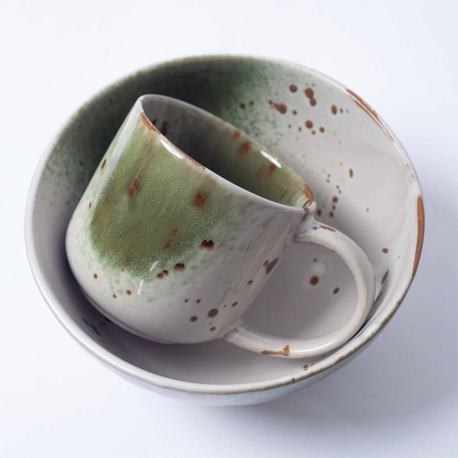 Green & White Stoneware Bowl 15x8cm thumbnails