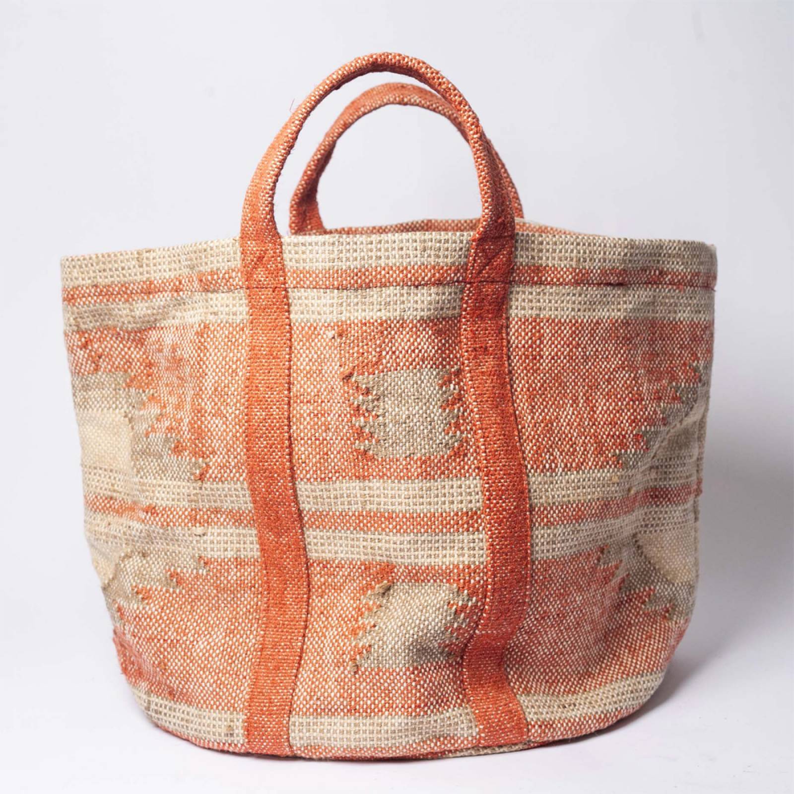 Kilim Cotton Basket With Handles In Rust