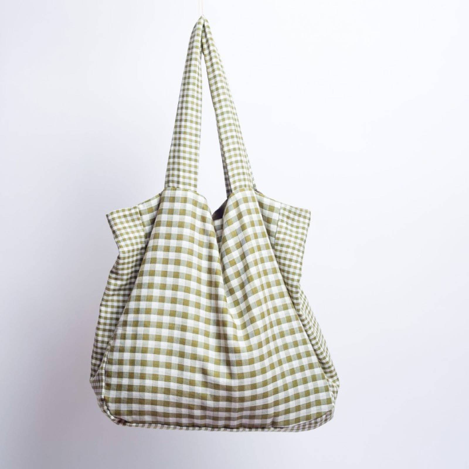 Large Cotton Tote Bag In Matcha Gingham