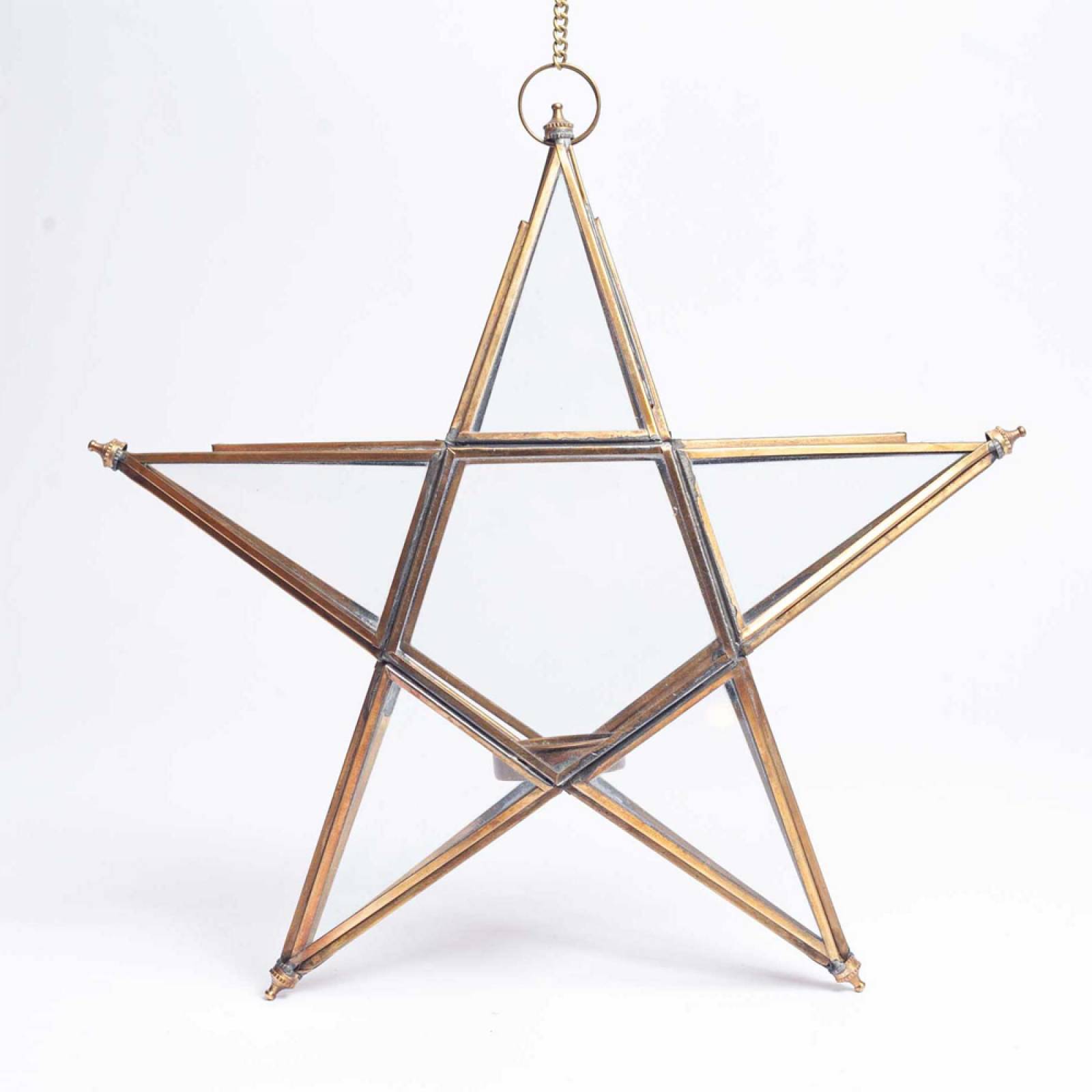 Large Glass Star Hanging Decoration In Antique Brass