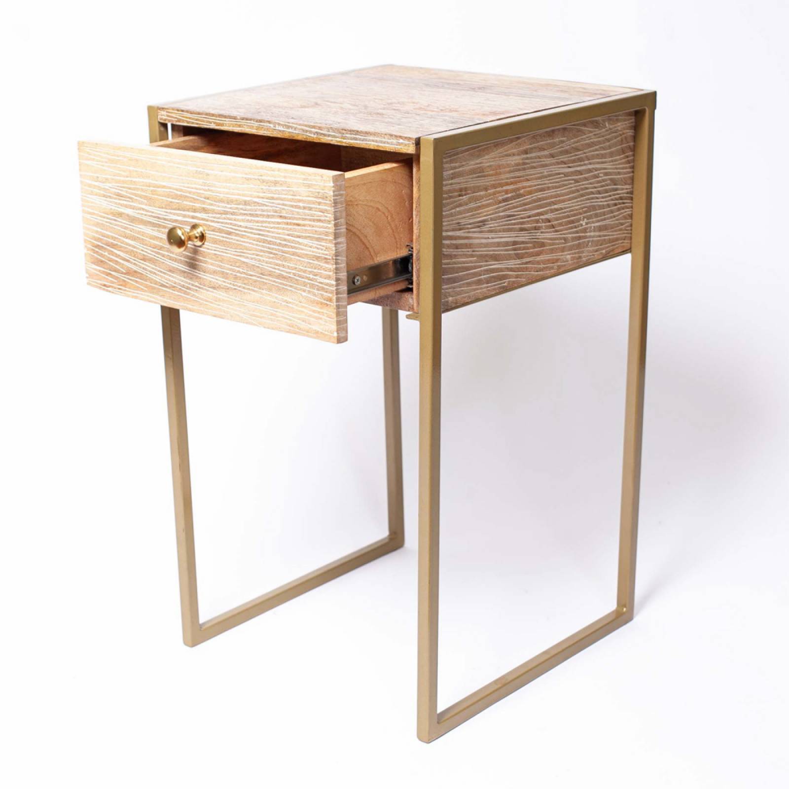 Light Wooden Bedside Table With Brass Frame & Drawer thumbnails