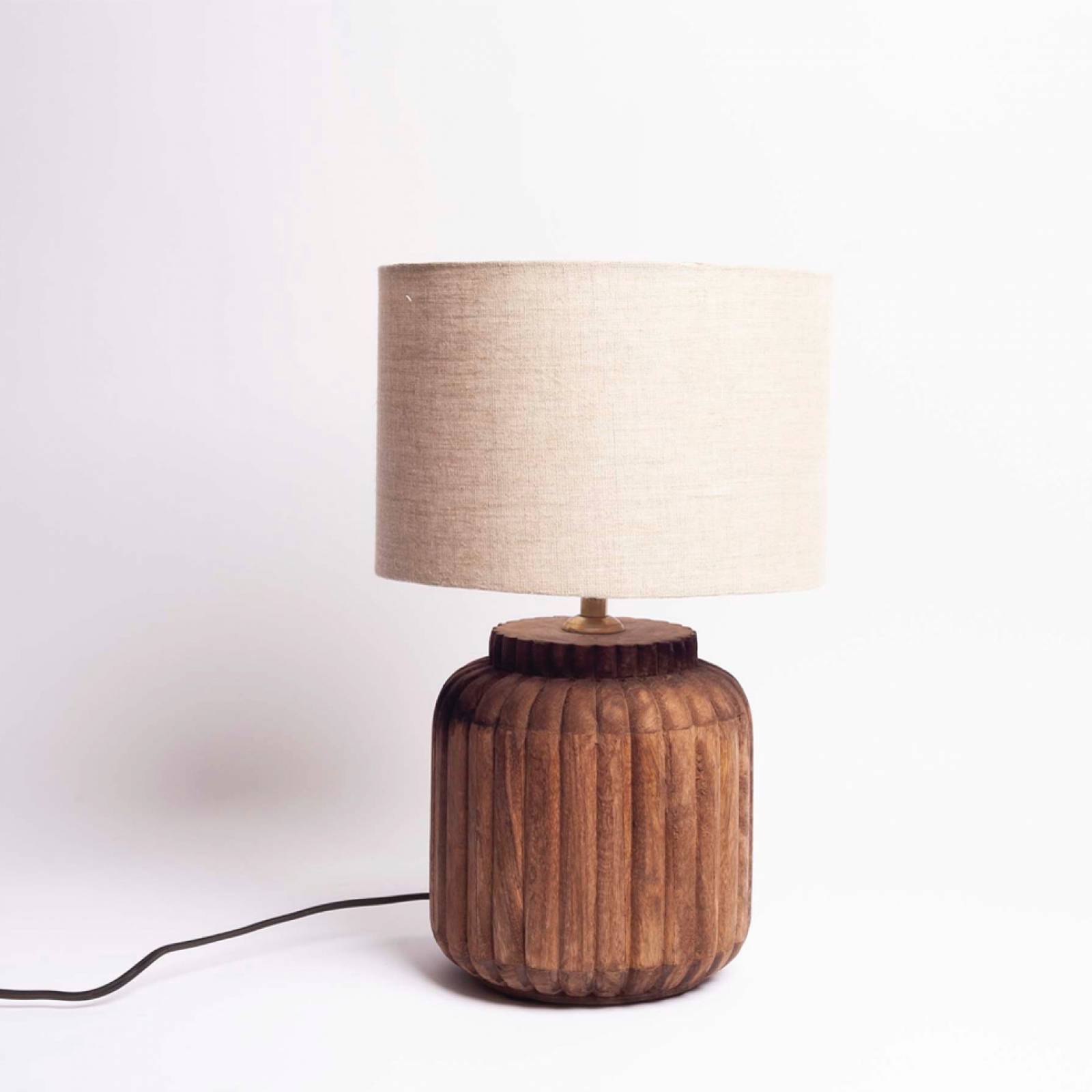 Mango Wood Ribbed Table Lamp With Linen Shade 25x42cm