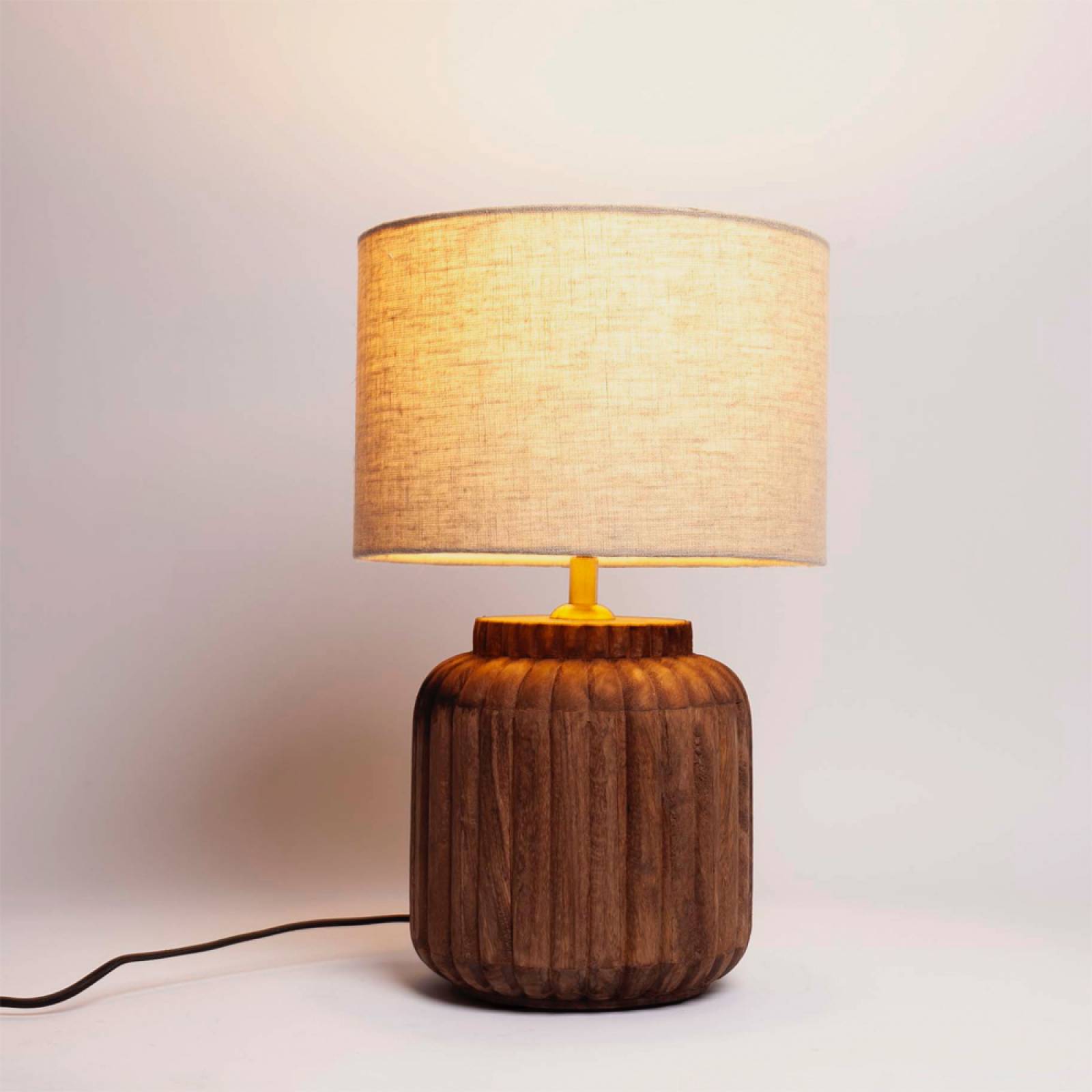 Mango Wood Ribbed Table Lamp With Linen Shade 25x42cm thumbnails