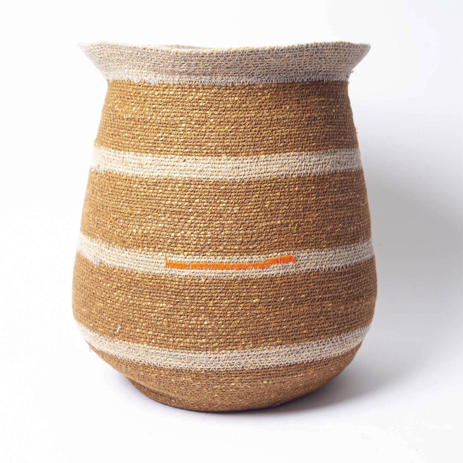 Medium Egg Shaped Seagrass Basket With Ochre Stripes