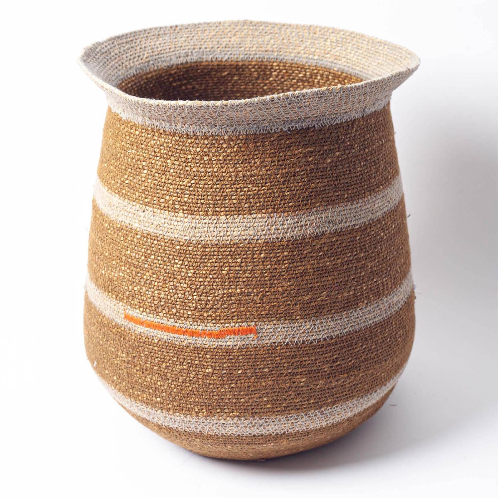 Medium Egg Shaped Seagrass Basket With Ochre Stripes thumbnails