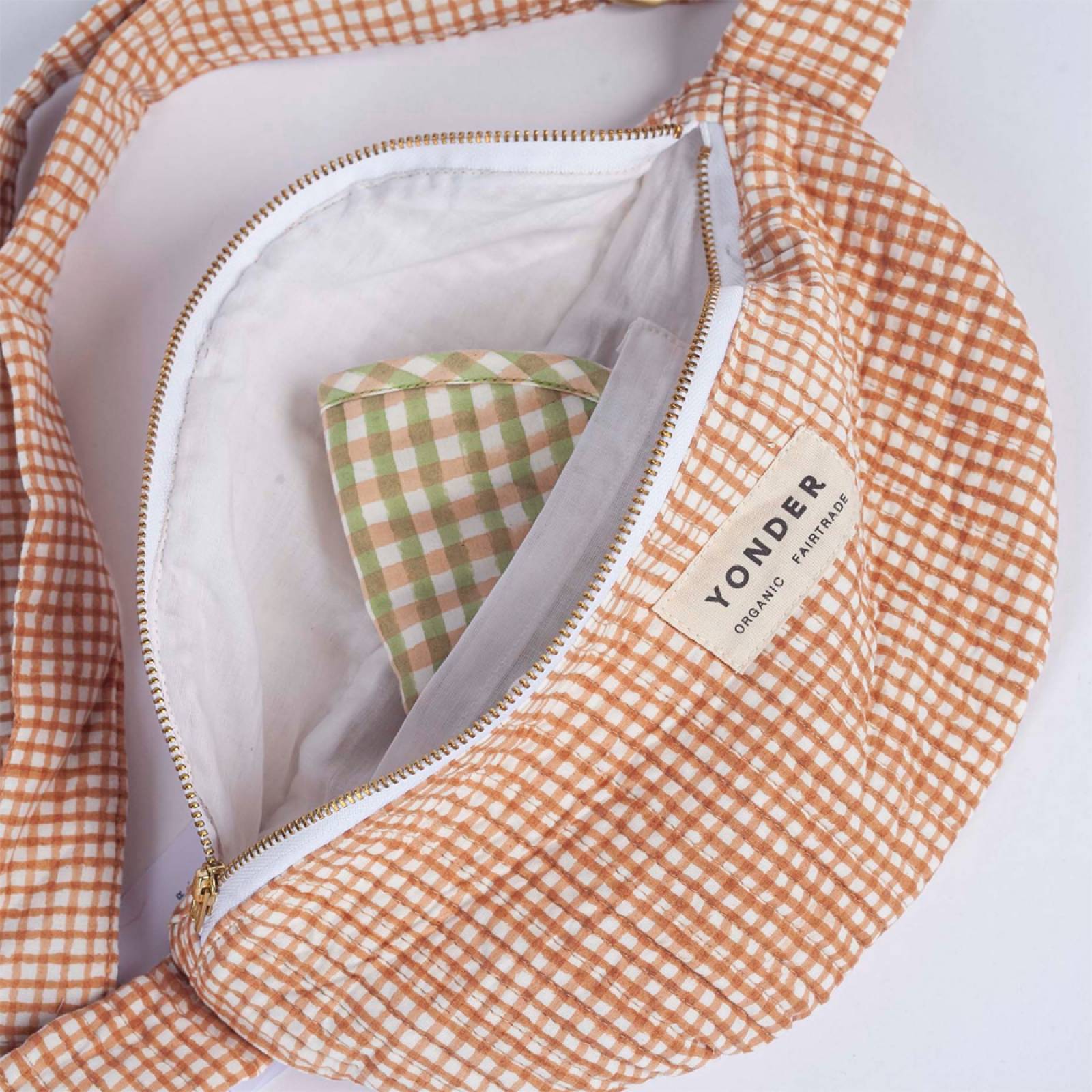 Organic Cotton Quilted Bum Bag In Toffee Gingham thumbnails