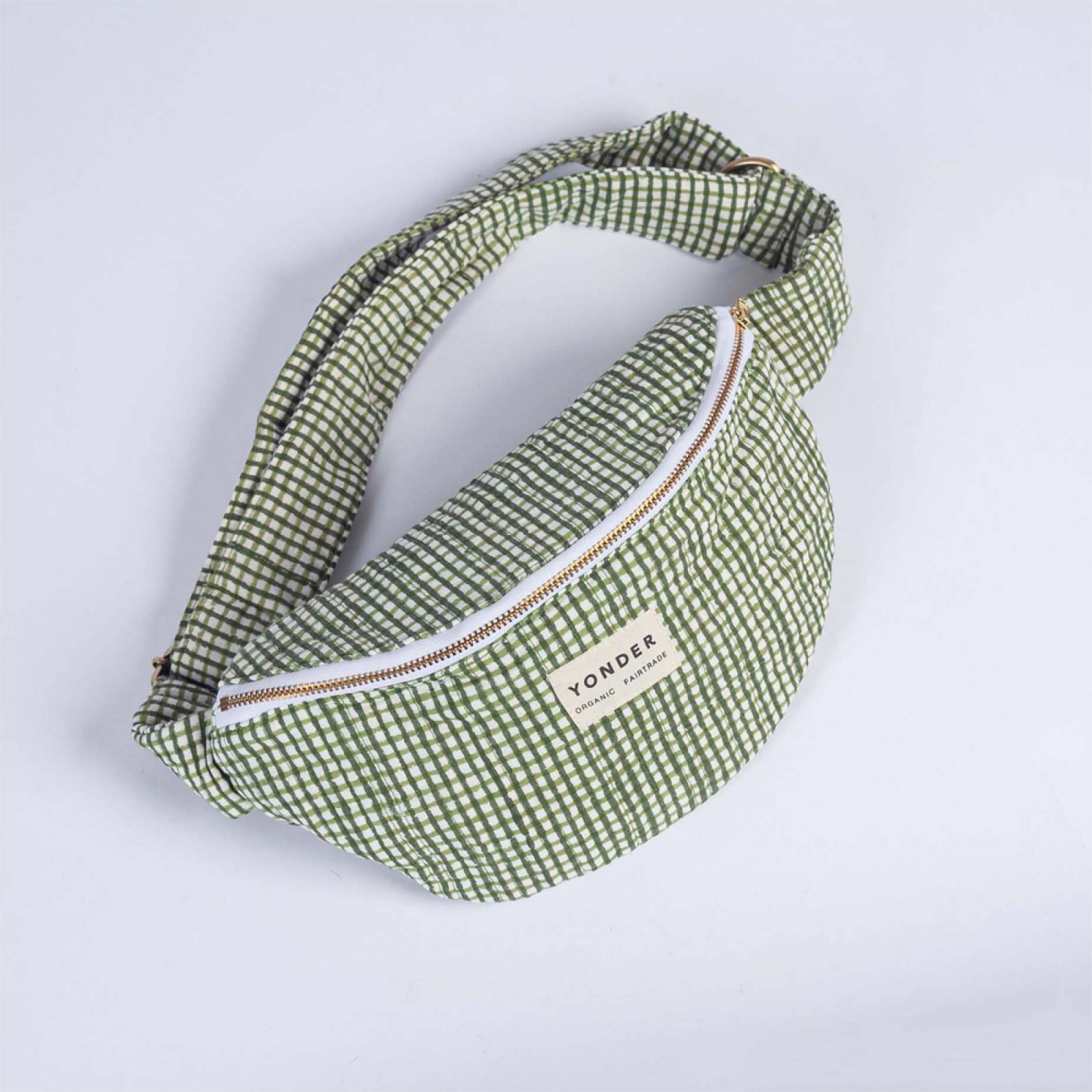Organic Cotton Quilted Bum Bag In Khaki Gingham