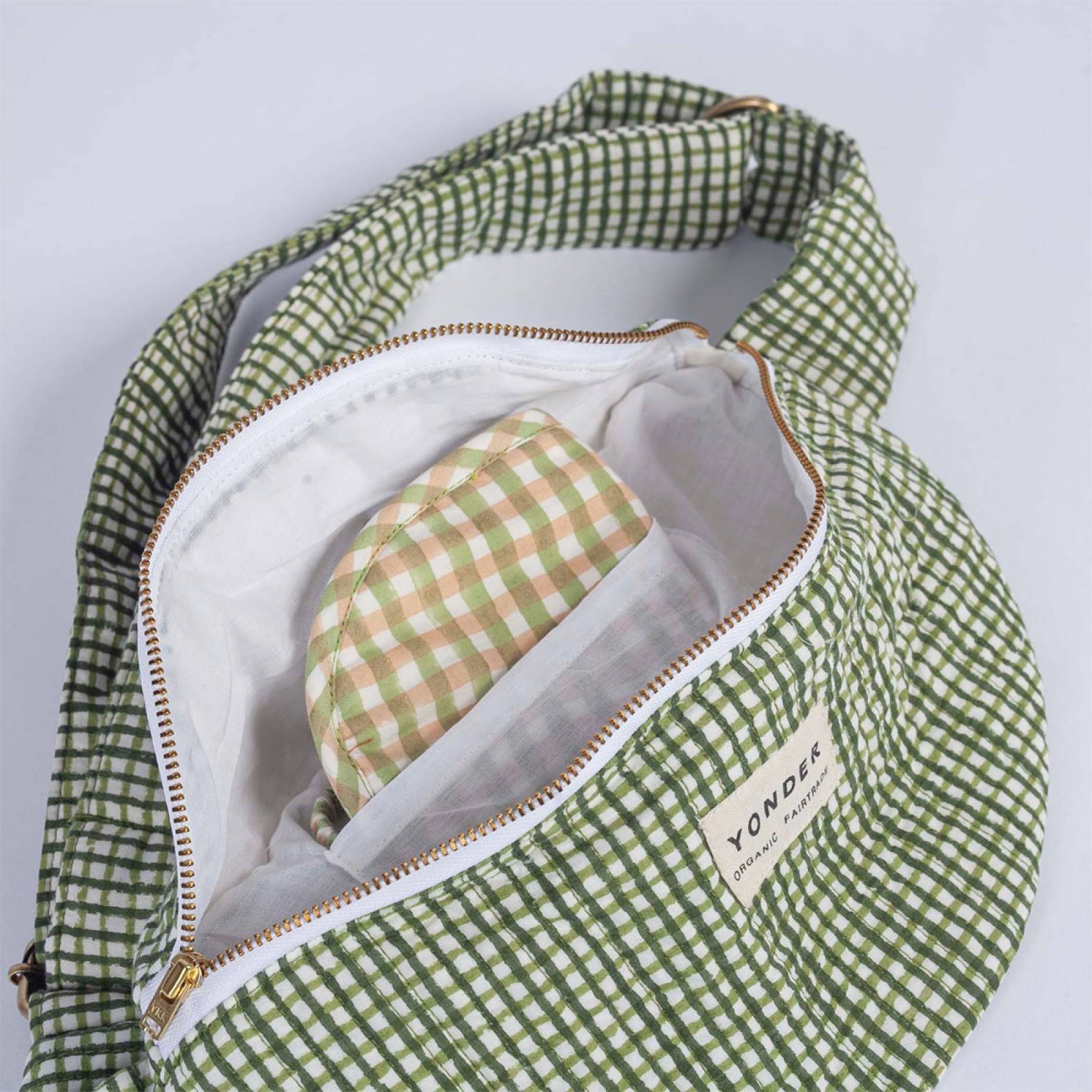Organic Cotton Quilted Bum Bag In Khaki Gingham thumbnails