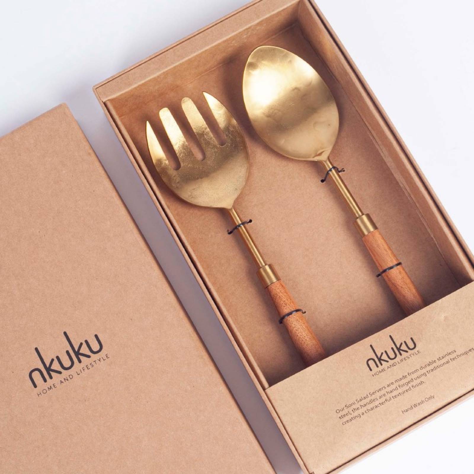 Pair Of Soni Salad Servers In Gold & Acacia Wood thumbnails