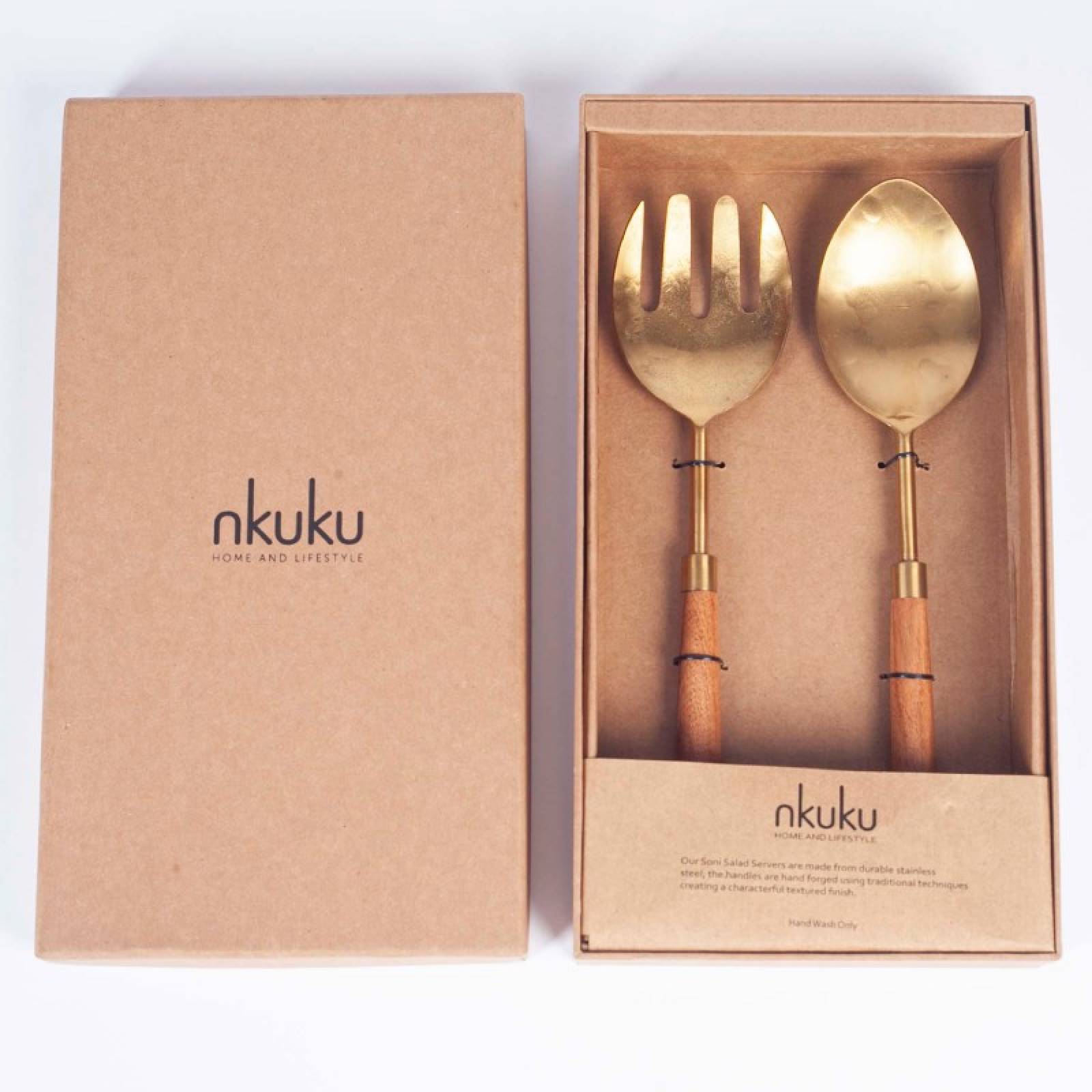Pair Of Soni Salad Servers In Gold & Acacia Wood thumbnails