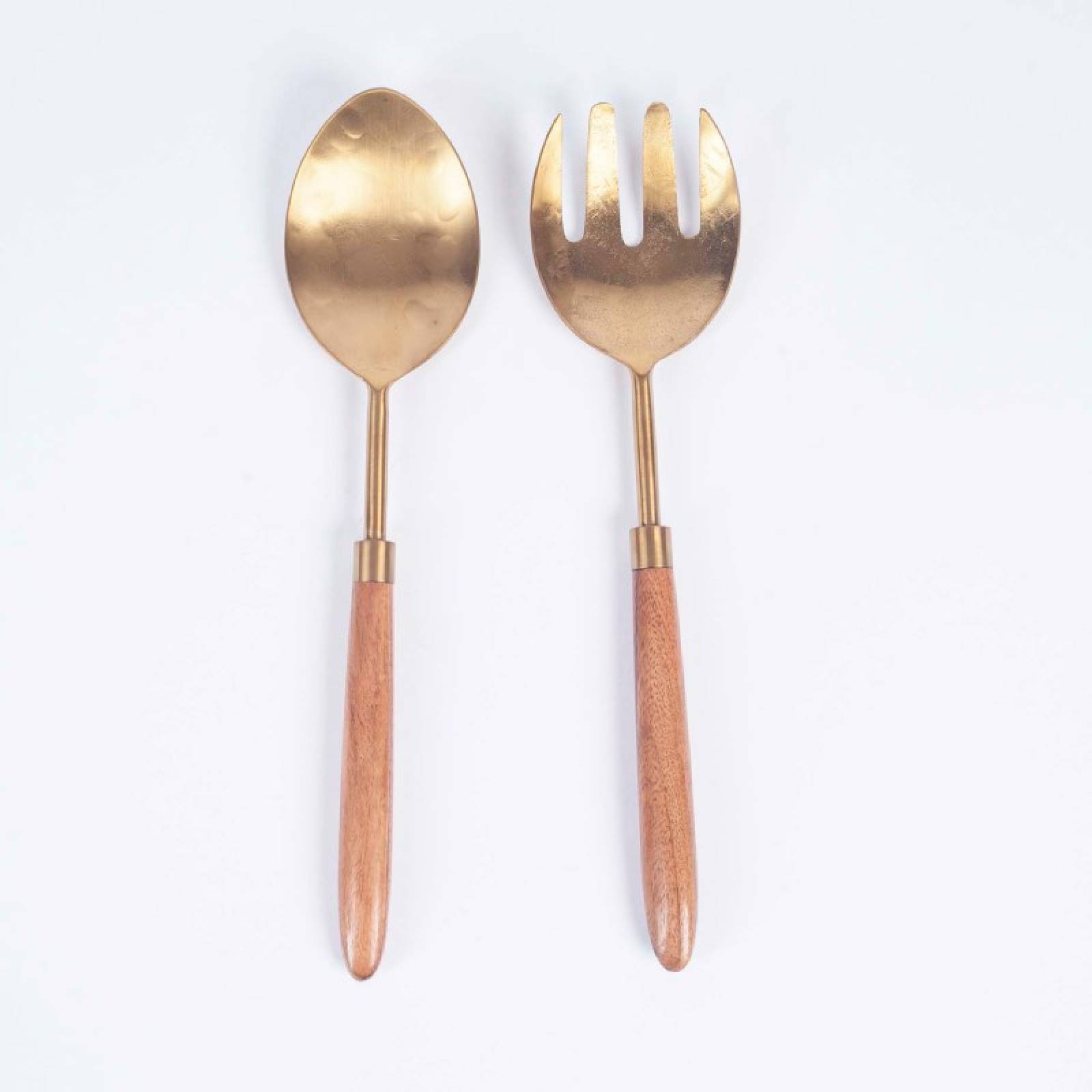 Pair Of Soni Salad Servers In Gold & Acacia Wood