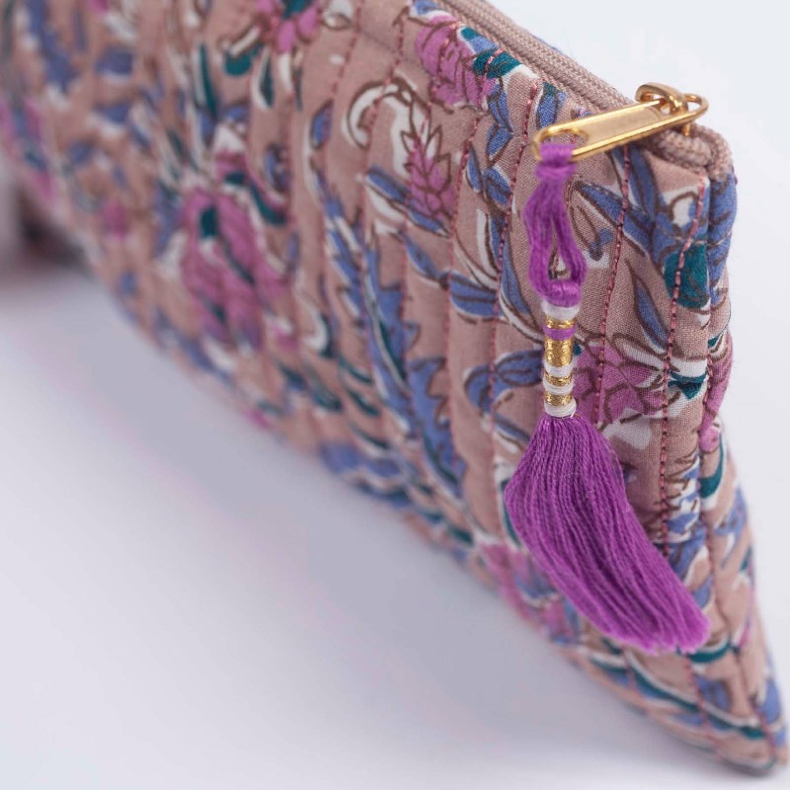 Quilted Cotton Pouch Bag In Dusty Rose Block Print thumbnails