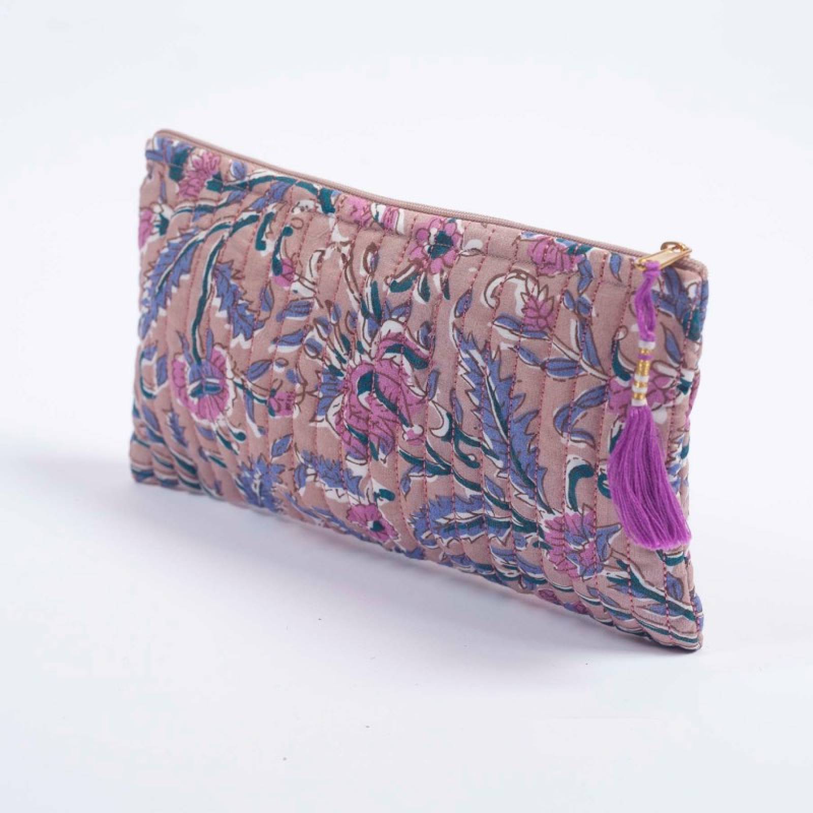 Quilted Cotton Pouch Bag In Dusty Rose Block Print