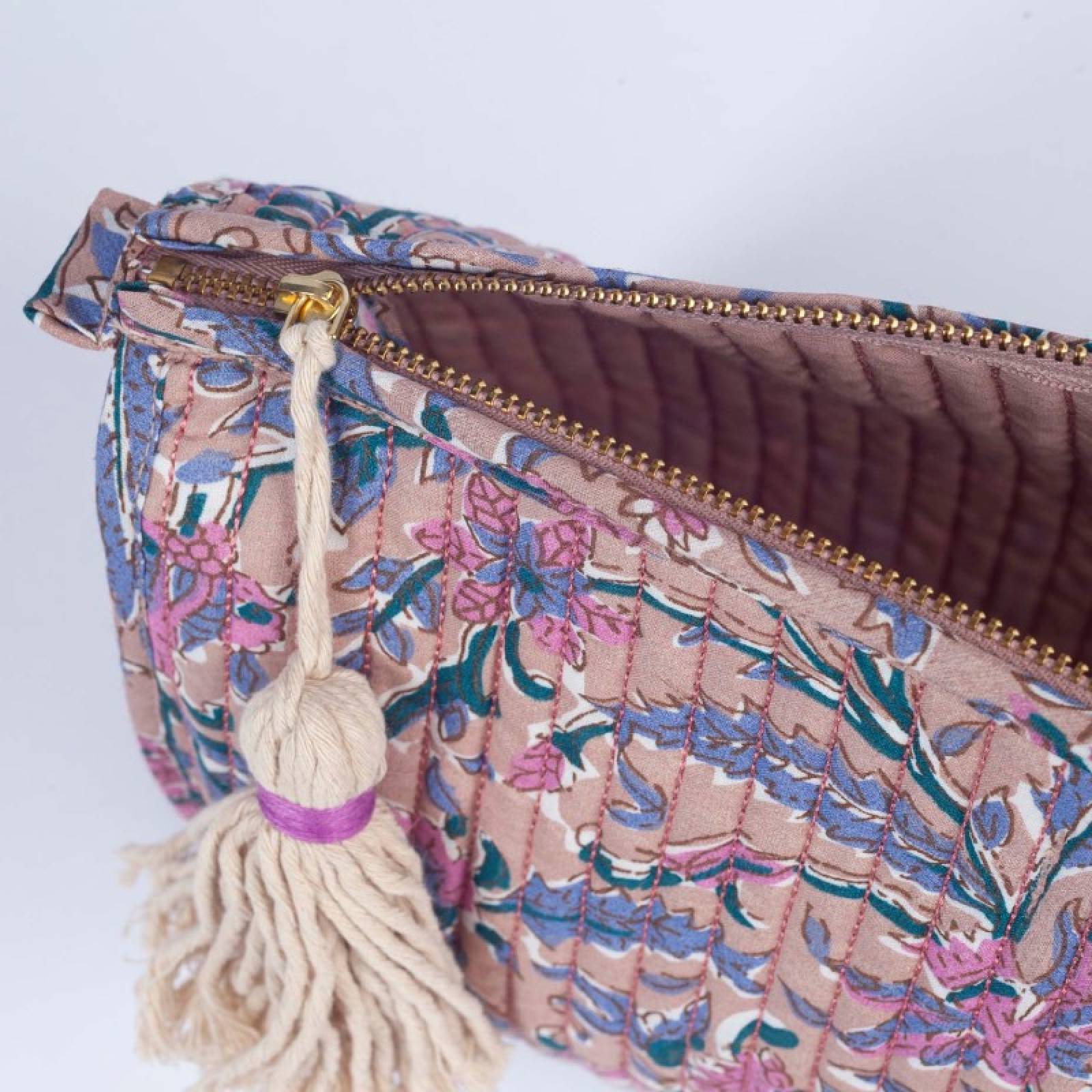 Quilted Wash Bag In Dusty Rose Block Print thumbnails