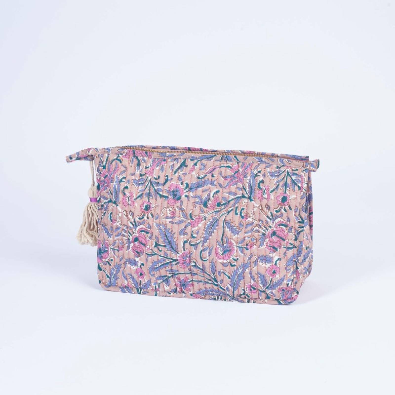 Quilted Wash Bag In Dusty Rose Block Print