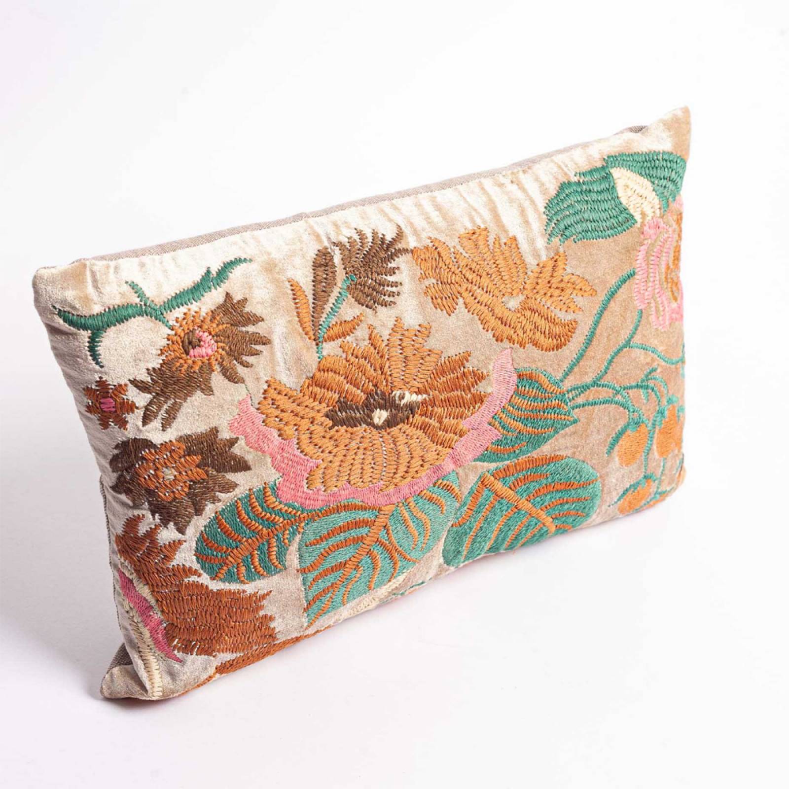 Rectangular Embroidered Cushion With Flowers & Leaves thumbnails