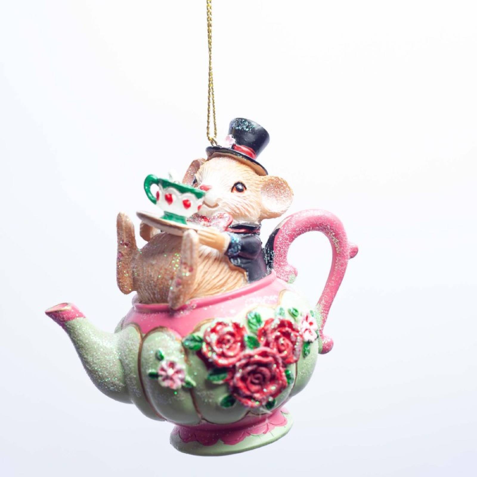 Resin Dormouse In Teapot Hanging Christmas Decoration