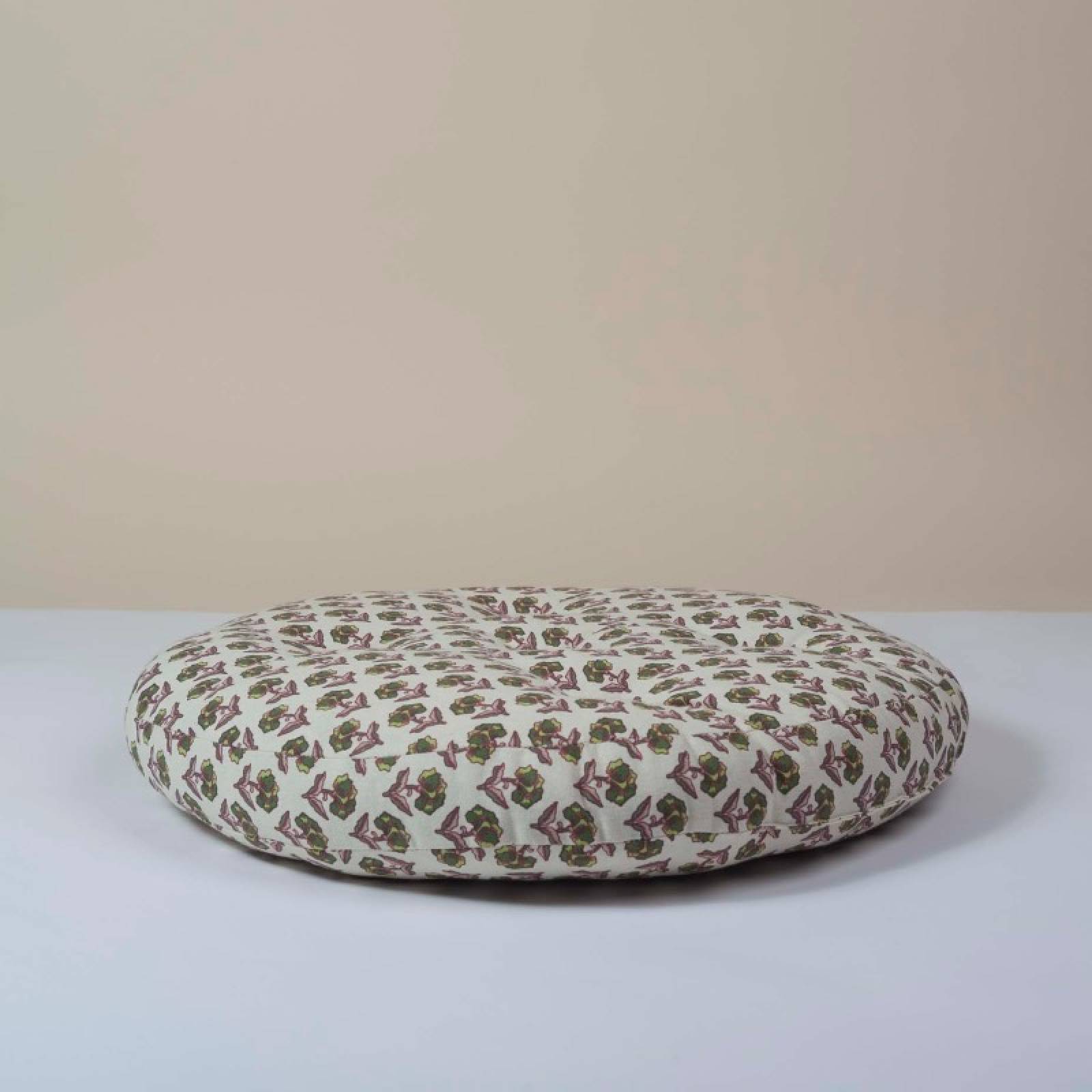 Round Seat Pad Cushion In Green & Burgundy Block Print thumbnails