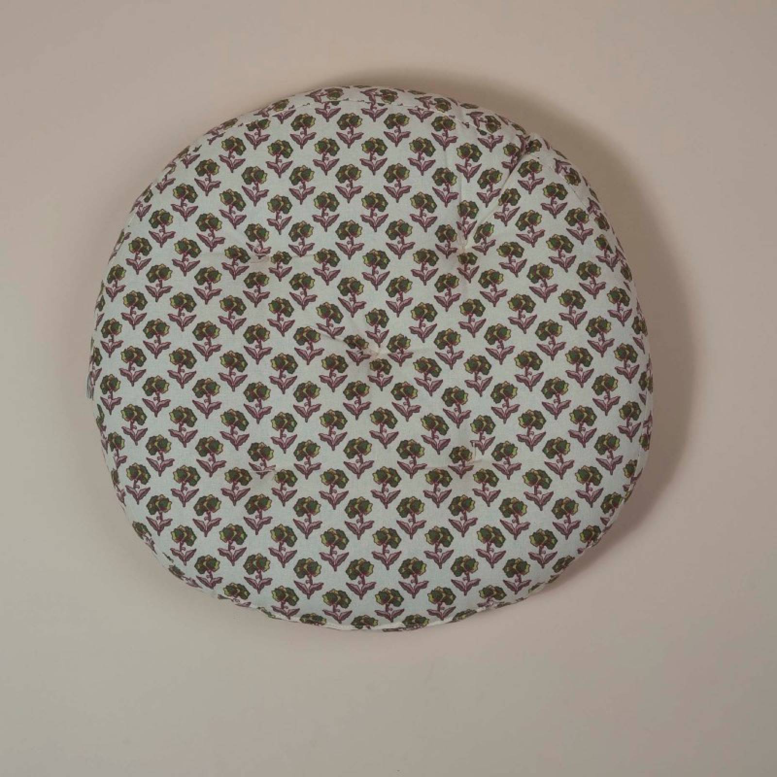 Round Seat Pad Cushion In Green & Burgundy Block Print