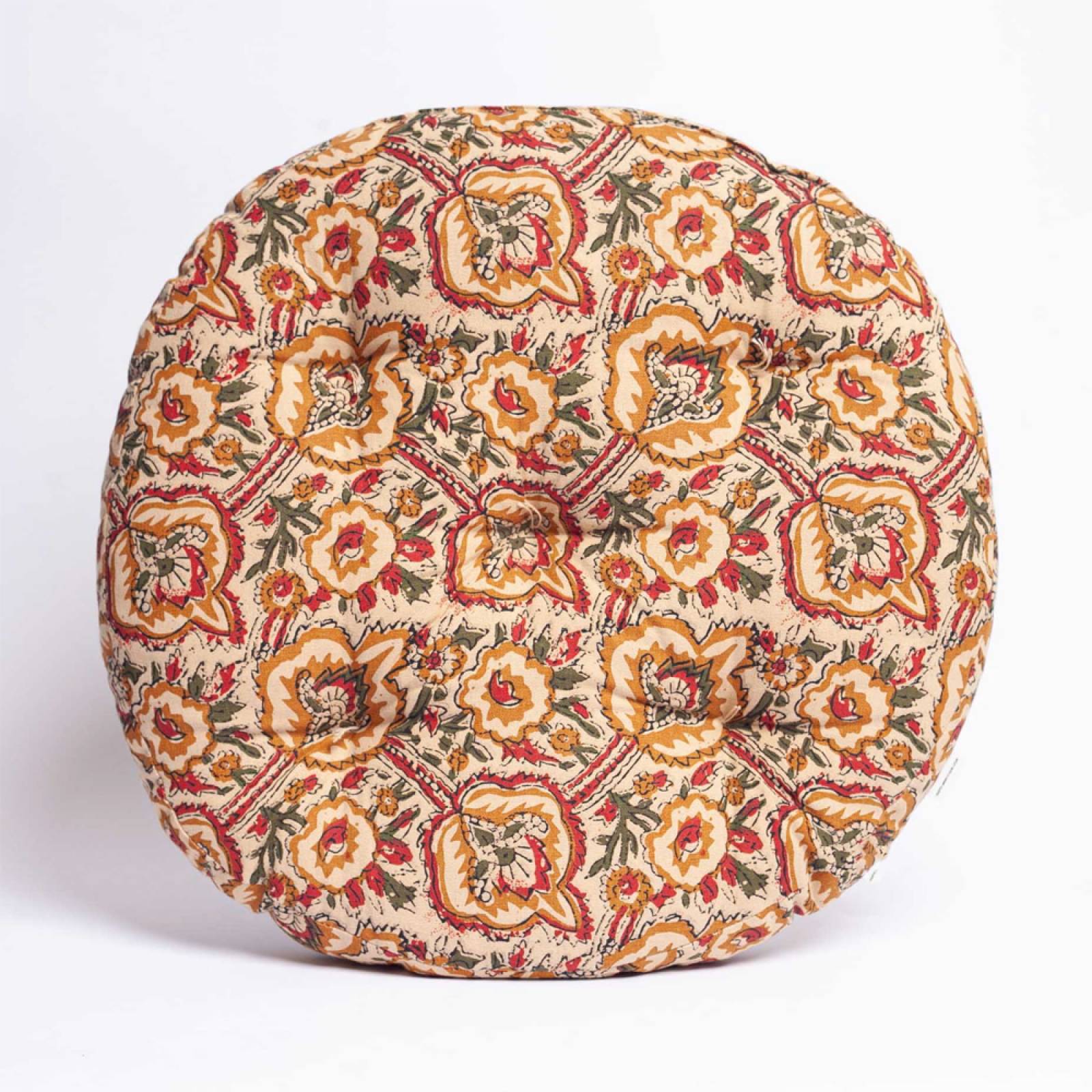 Round Seat Pad Cushion In Red, Green & Yellow Block Print thumbnails