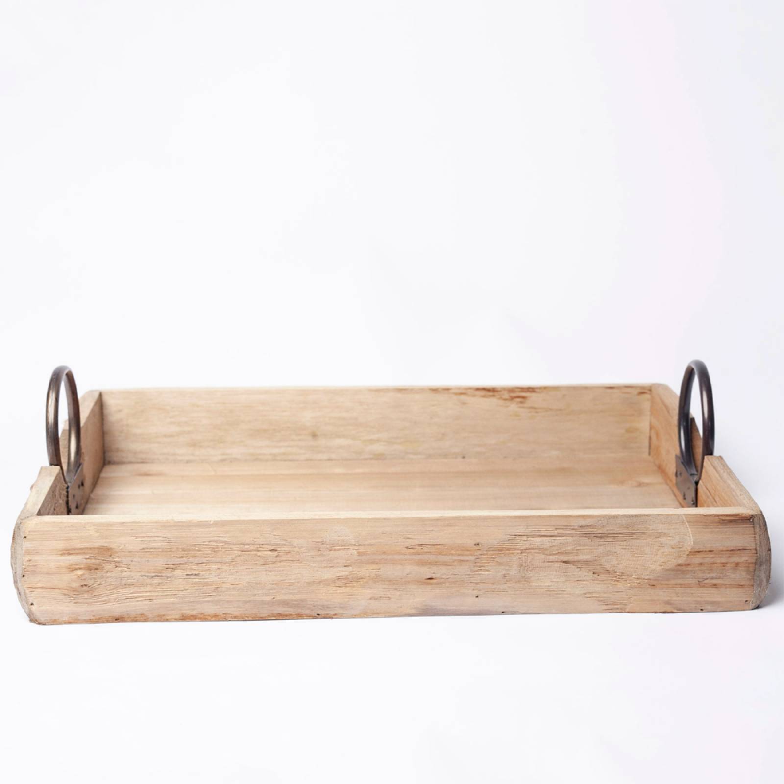 Rustic Rectangular Wooden Tray With Circular Metal Handles thumbnails