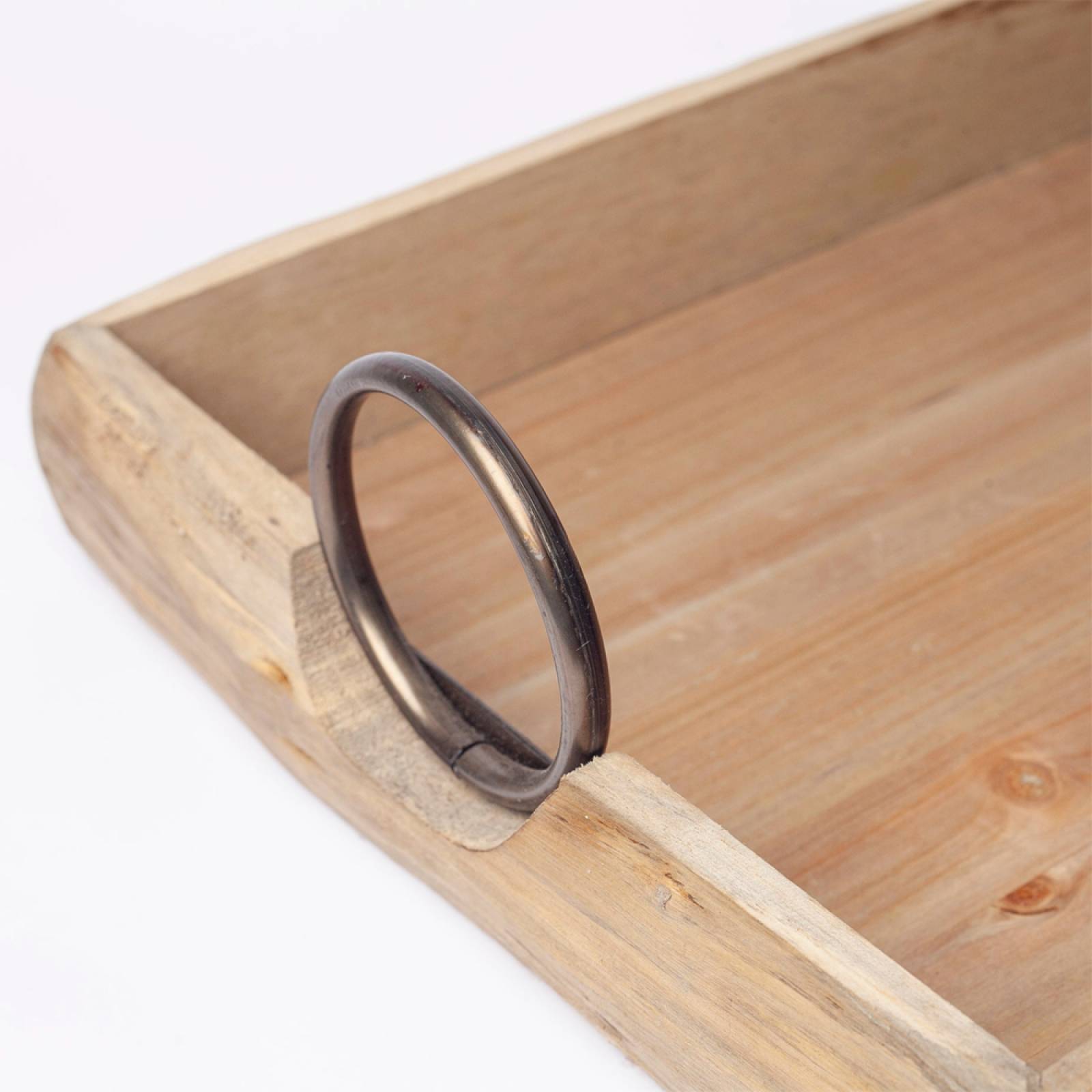 Rustic Rectangular Wooden Tray With Circular Metal Handles thumbnails