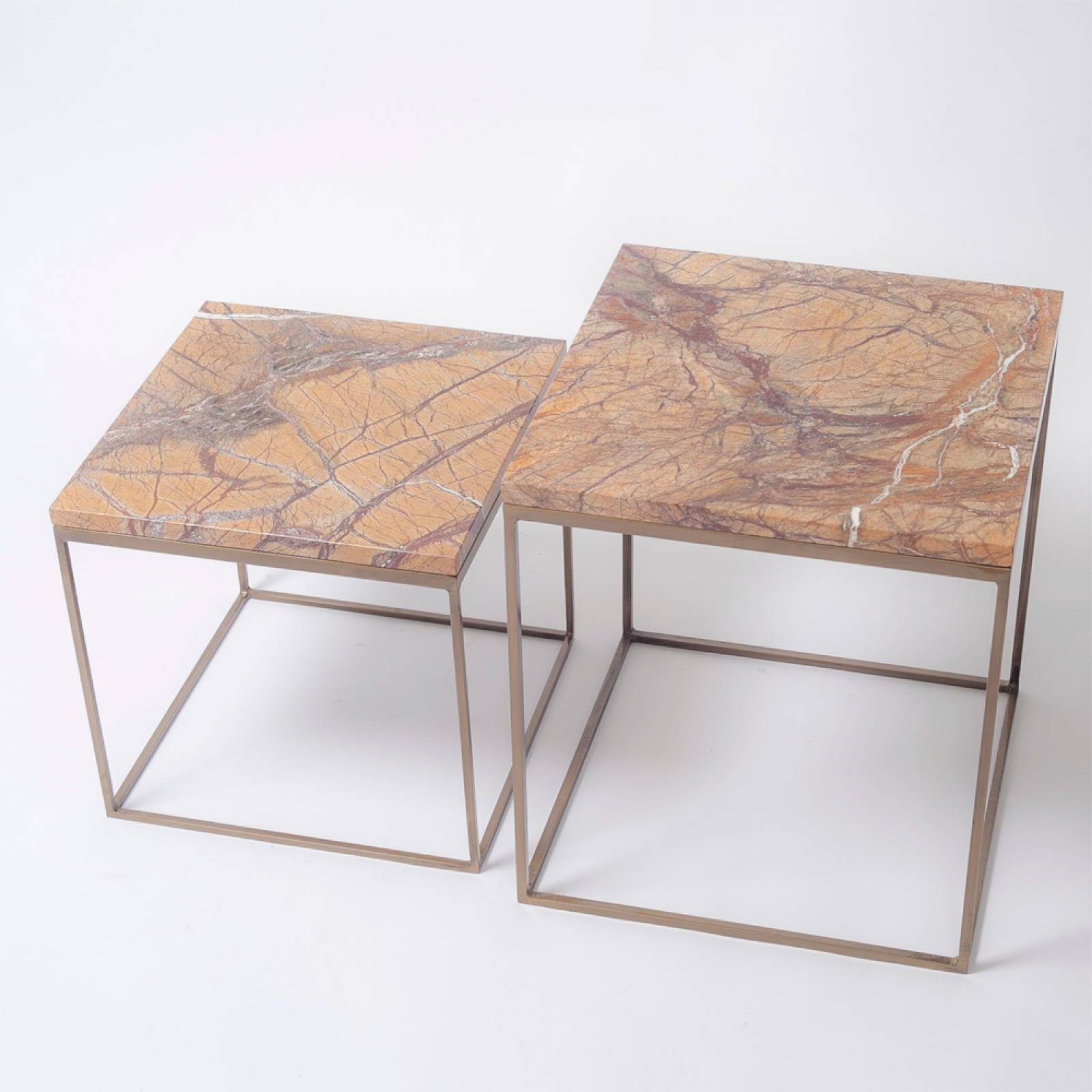 Set Of 2 Square Side Tables In Brown Marble & Brass