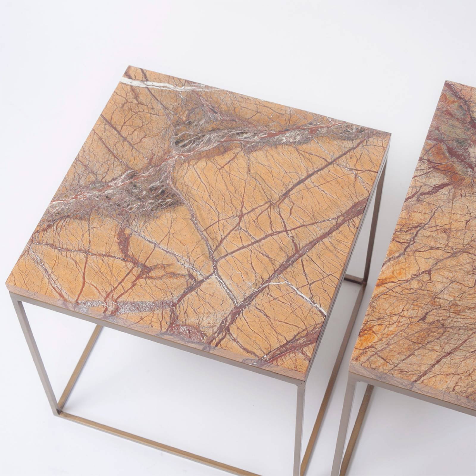 Set Of 2 Square Side Tables In Brown Marble & Brass thumbnails