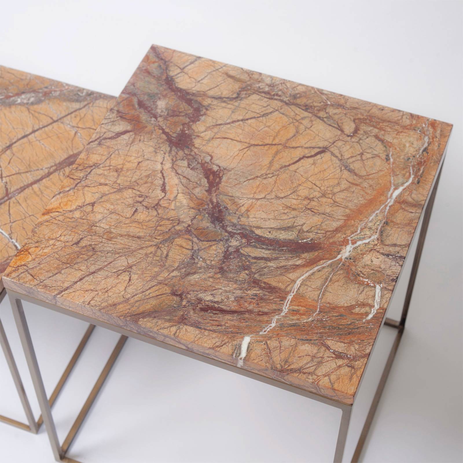 Set Of 2 Square Side Tables In Brown Marble & Brass thumbnails