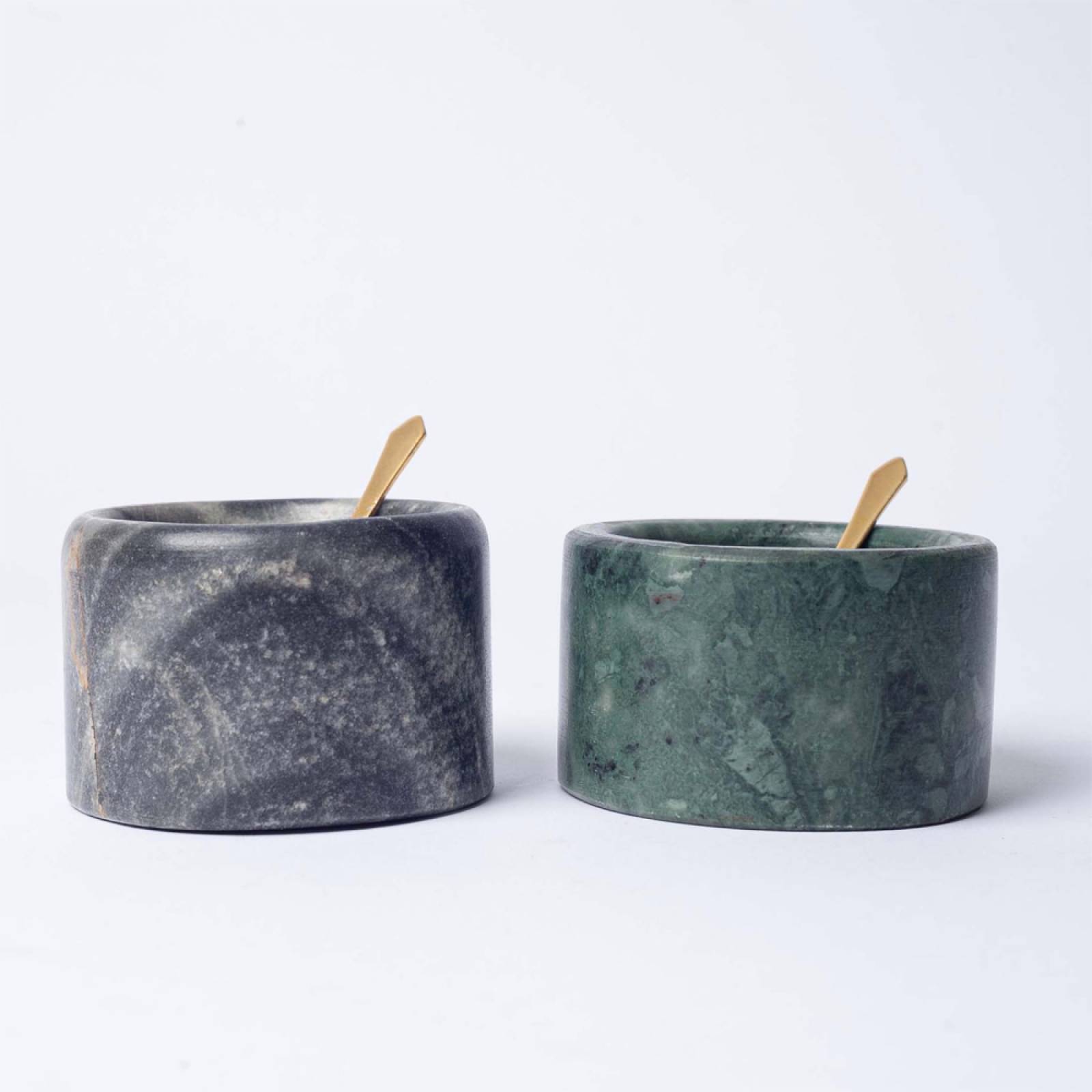 Set of 2 Green Marble Salt & Pepper Pots With Spoons