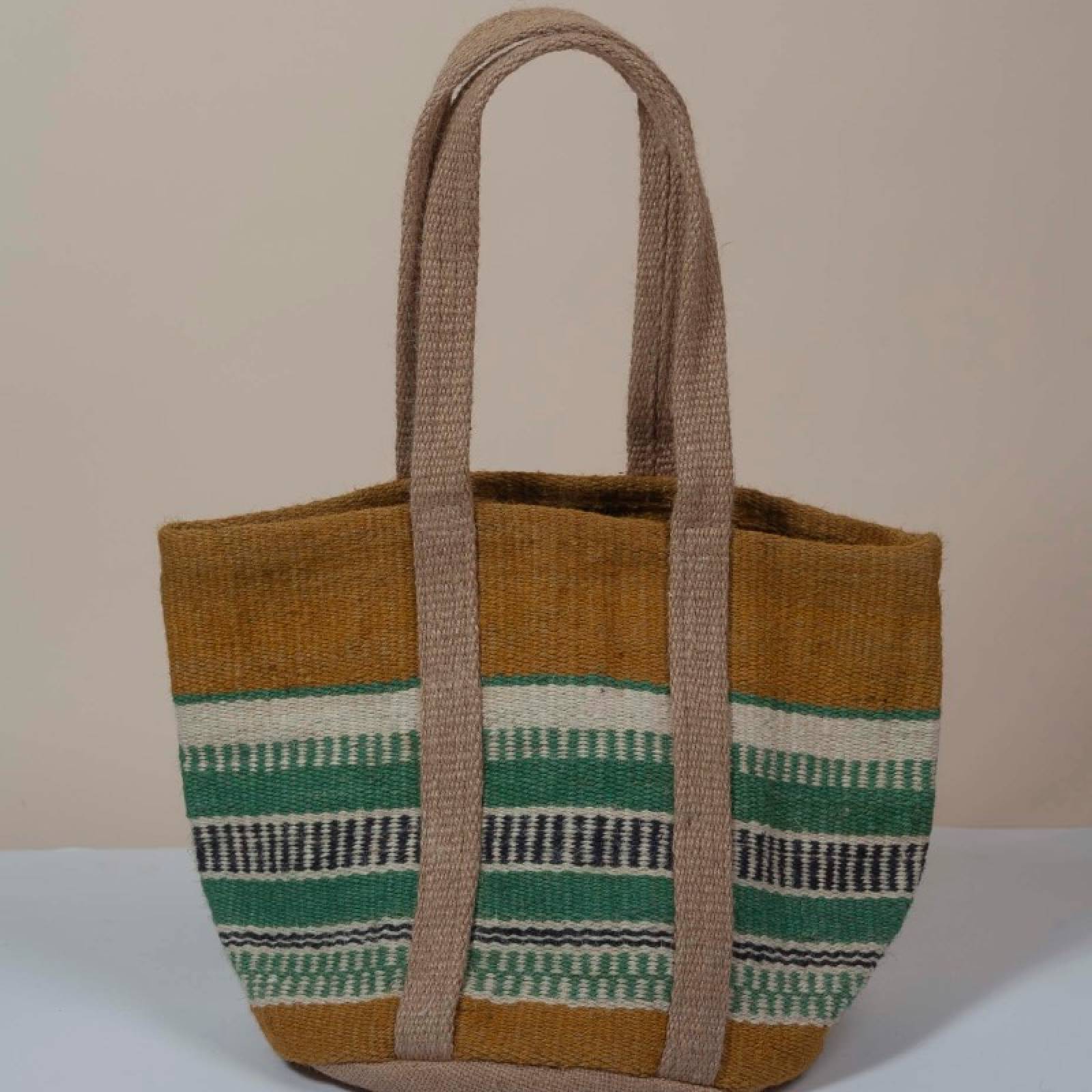 Small Jute Basket With Handles In Mustard & Aqua
