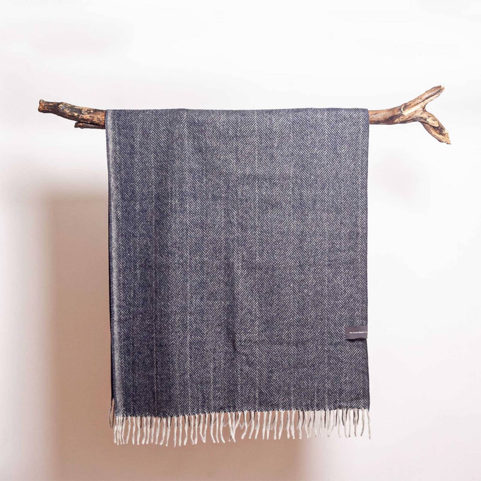 Small Blanket In Navy Herringbone Recycled Wool