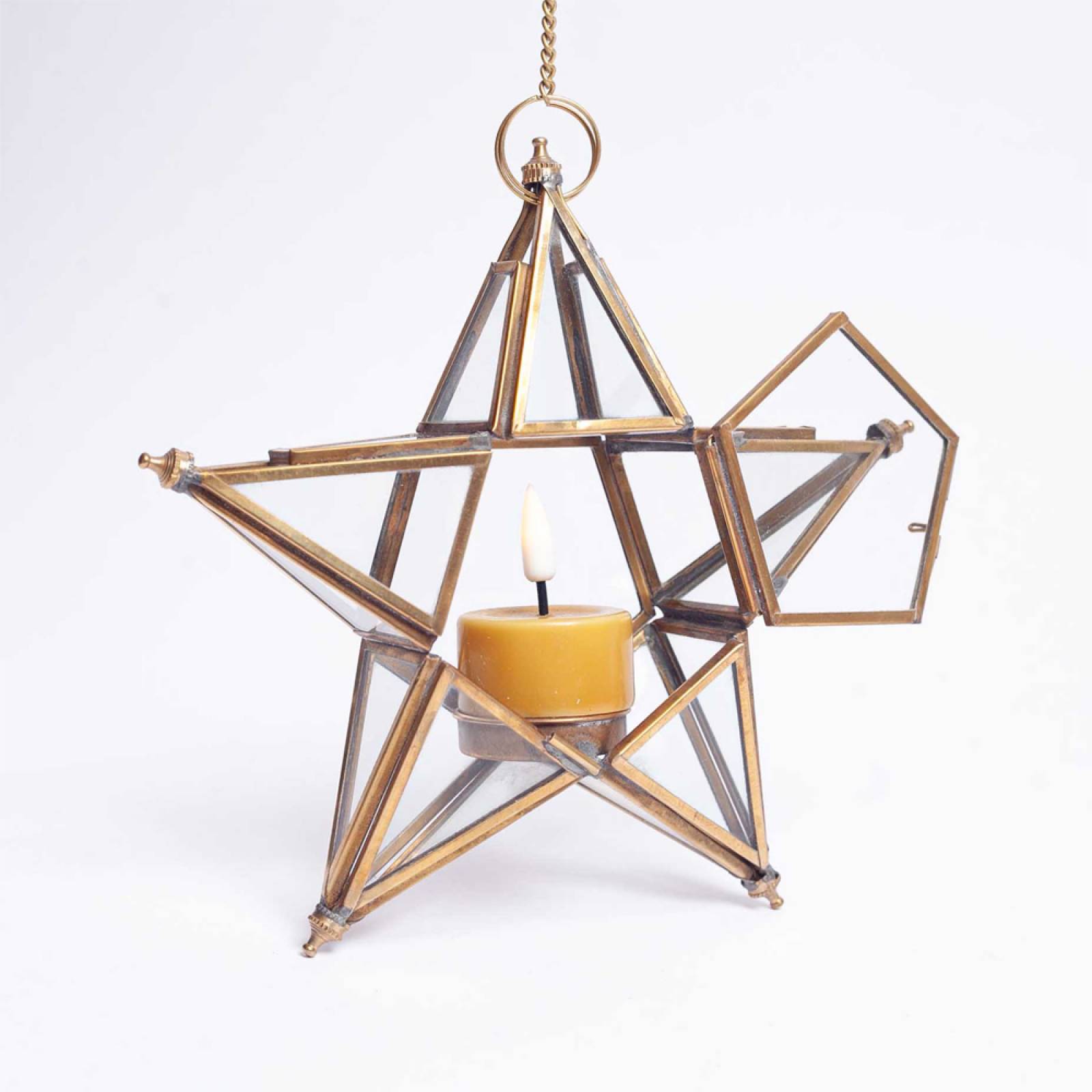 Small Glass Star Hanging Decoration In Antique Brass