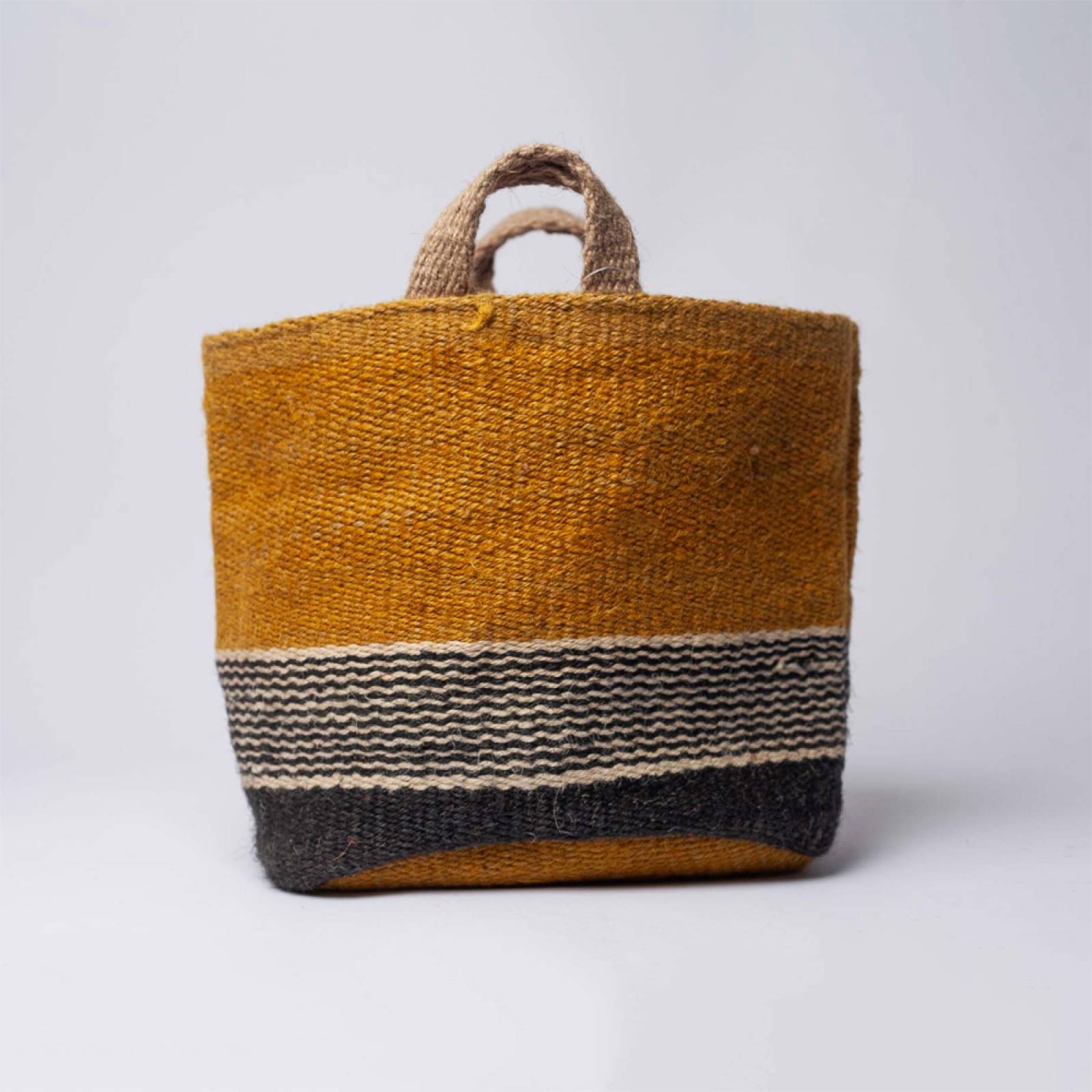 Small Jute Storage Basket In Mustard, Black & White 20x20cm