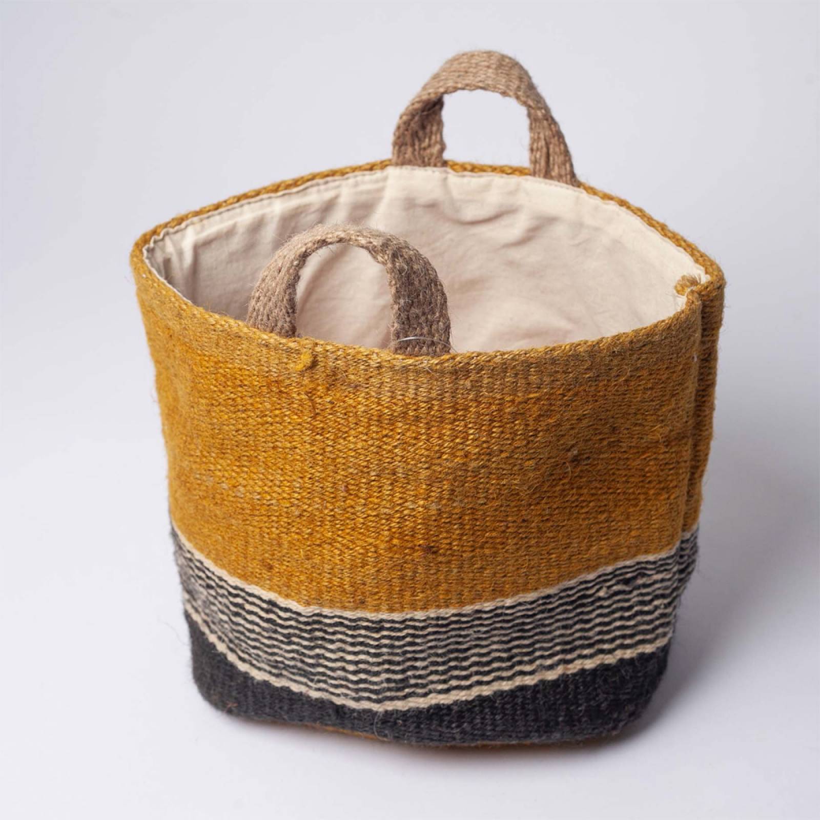 Small Jute Storage Basket In Mustard, Black & White 20x20cm thumbnails