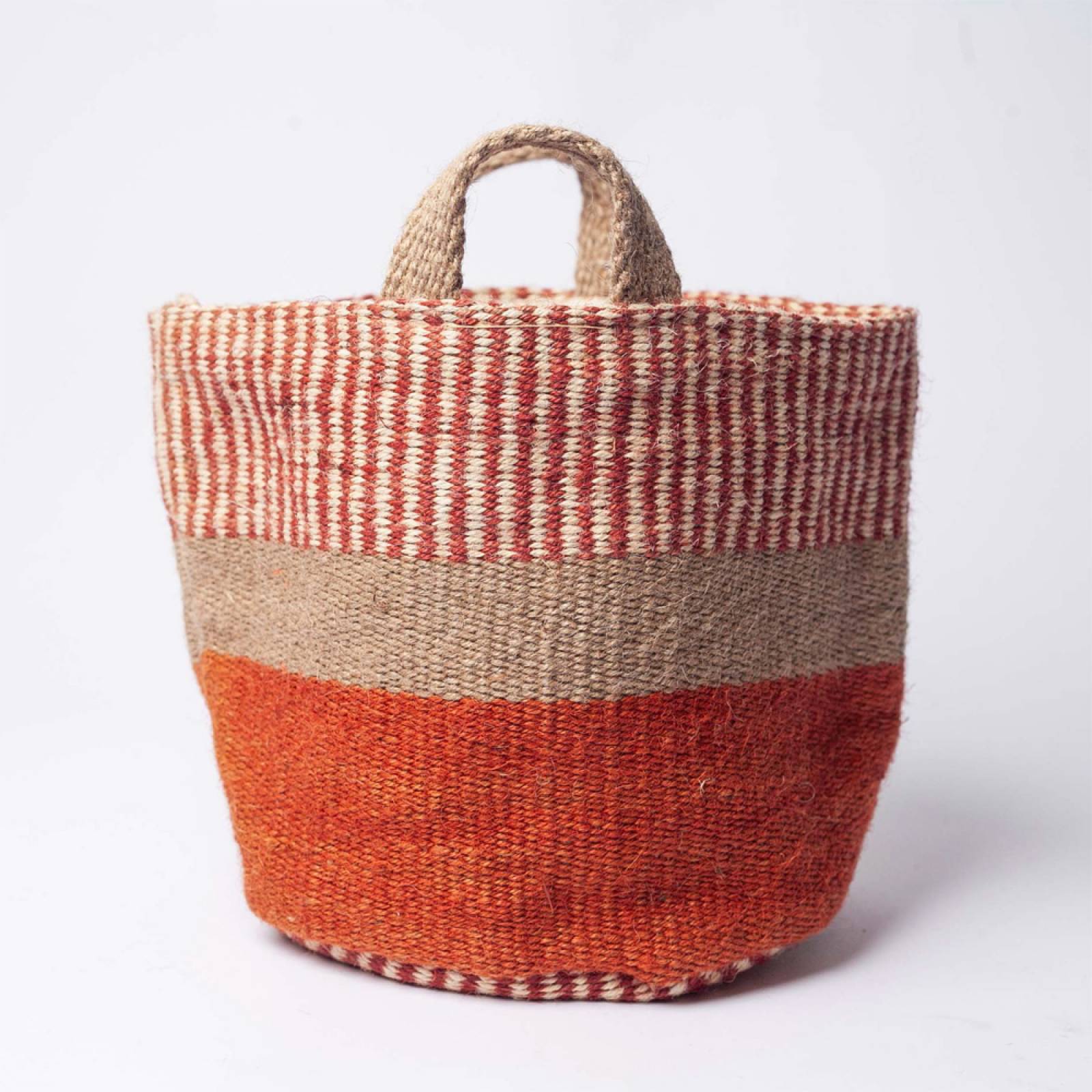 Small Jute Storage Basket In Rust & Beige Stripe 20x20cm