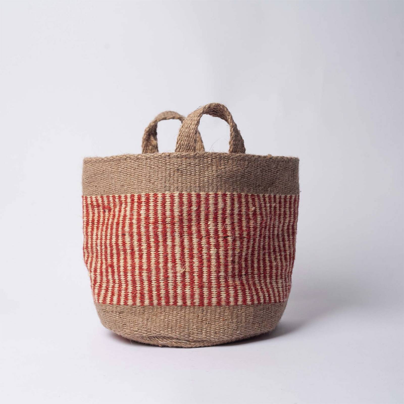 Small Jute Storage Basket In Rust Stripe With Border 20x20cm