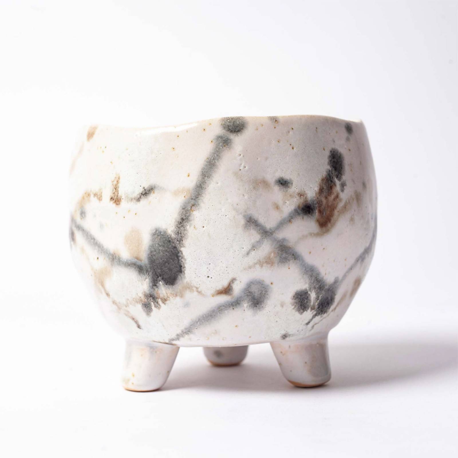 Small Mottled Stoneware Pot In Grey & Taupe On Tripod Legs