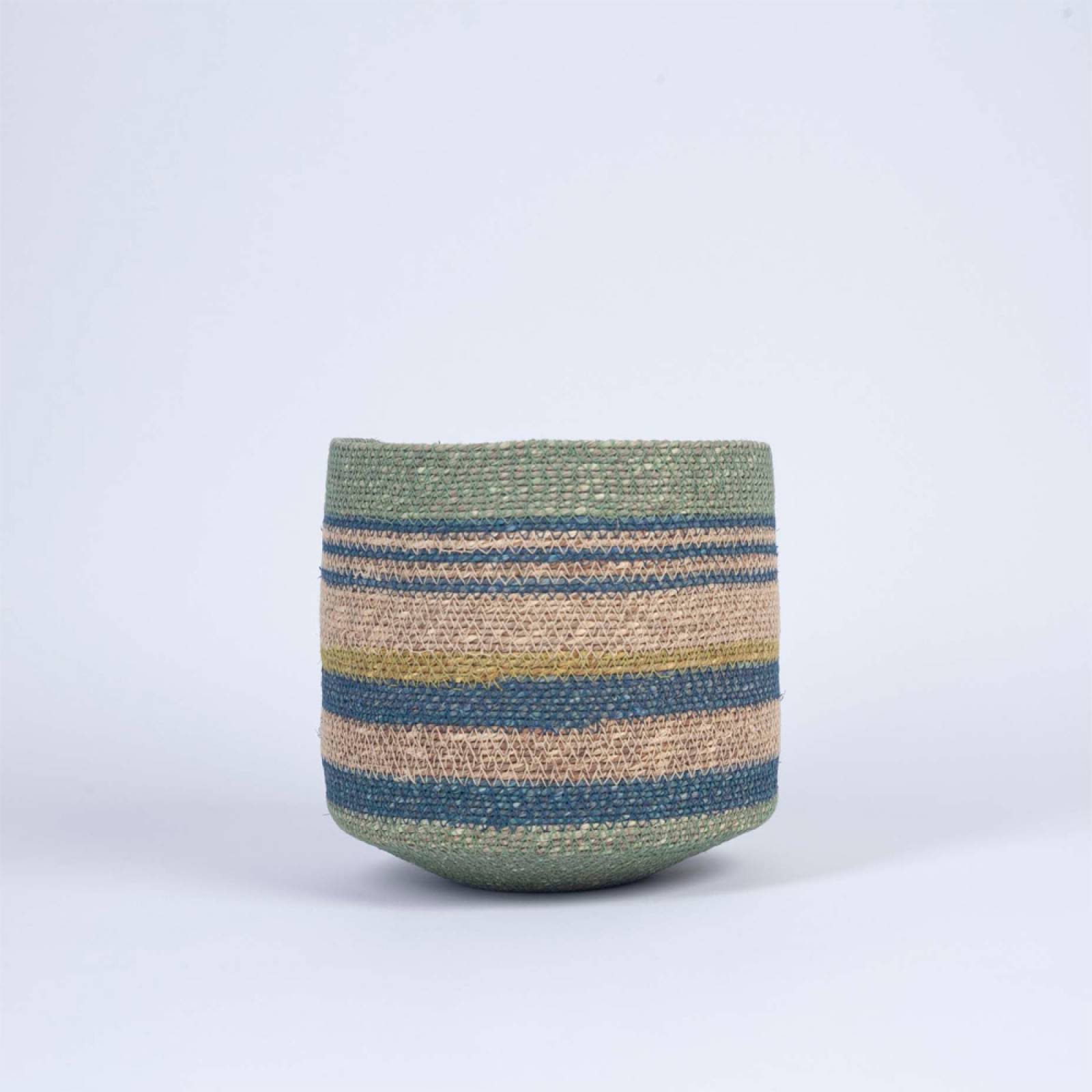 Small Seagrass Basket With Blue Stripes & Aqua Trim H:21cm